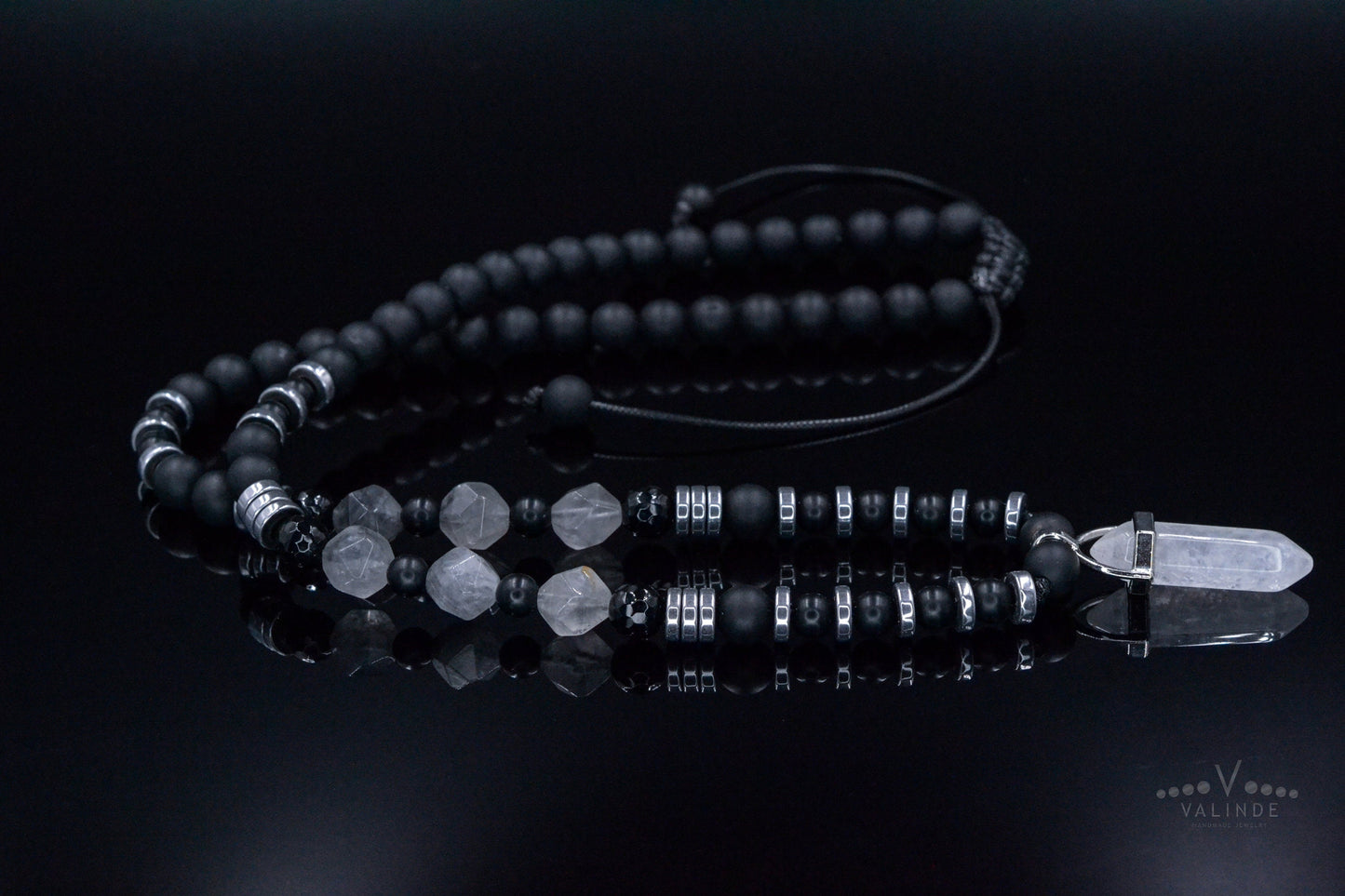Men's Quartz Pendant Necklace - Long Crystal Beaded Necklace - Black Onyx Hematite Necklace - Gift for Men - Adjustable Necklace for Men - Shamballa Necklace - Birthstone Necklace - Gemstone Necklace Men - Chakra Necklace - Macrame Necklace - Healing Necklace - Valinde