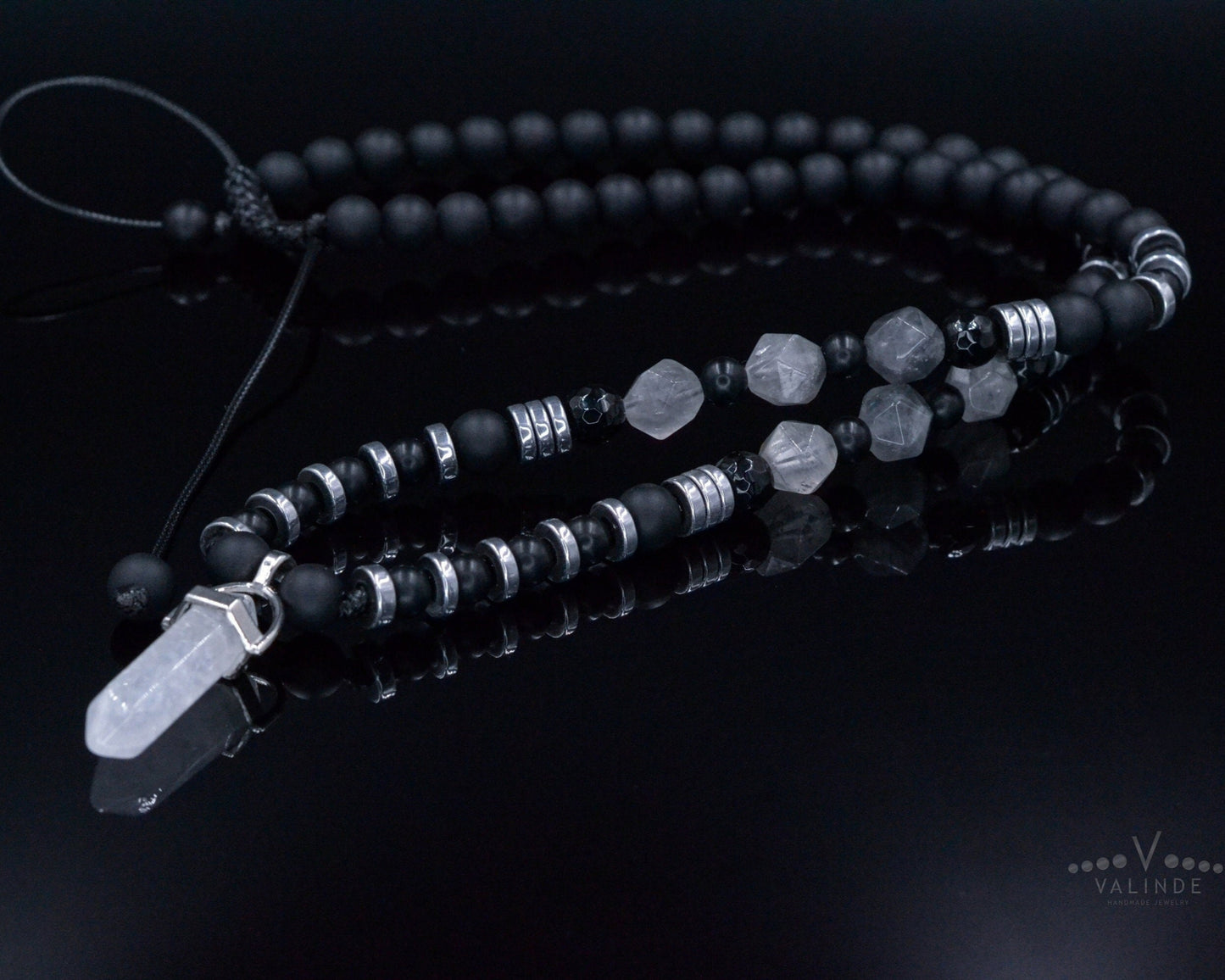 Men's Quartz Pendant Necklace - Long Crystal Beaded Necklace - Black Onyx Hematite Necklace - Gift for Men - Adjustable Necklace for Men - Shamballa Necklace - Birthstone Necklace - Gemstone Necklace Men - Chakra Necklace - Macrame Necklace - Healing Necklace - Valinde