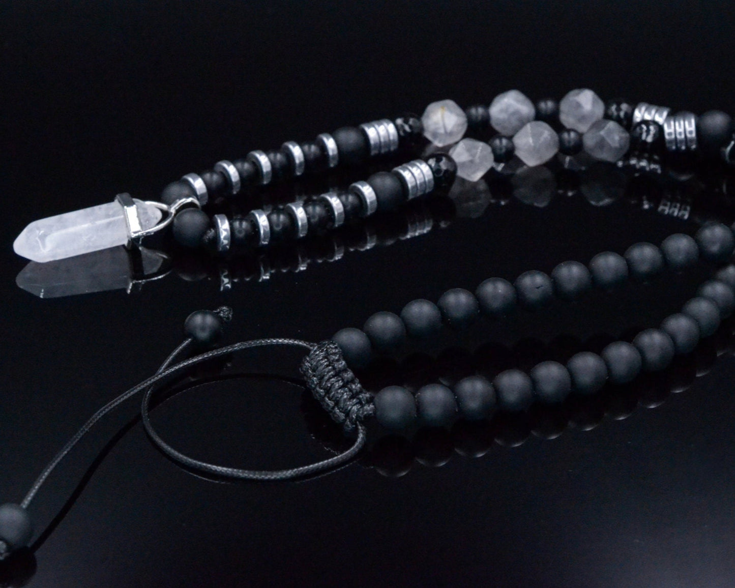 Men's Quartz Pendant Necklace - Long Crystal Beaded Necklace - Black Onyx Hematite Necklace - Gift for Men - Adjustable Necklace for Men - Shamballa Necklace - Birthstone Necklace - Gemstone Necklace Men - Chakra Necklace - Macrame Necklace - Healing Necklace - Valinde