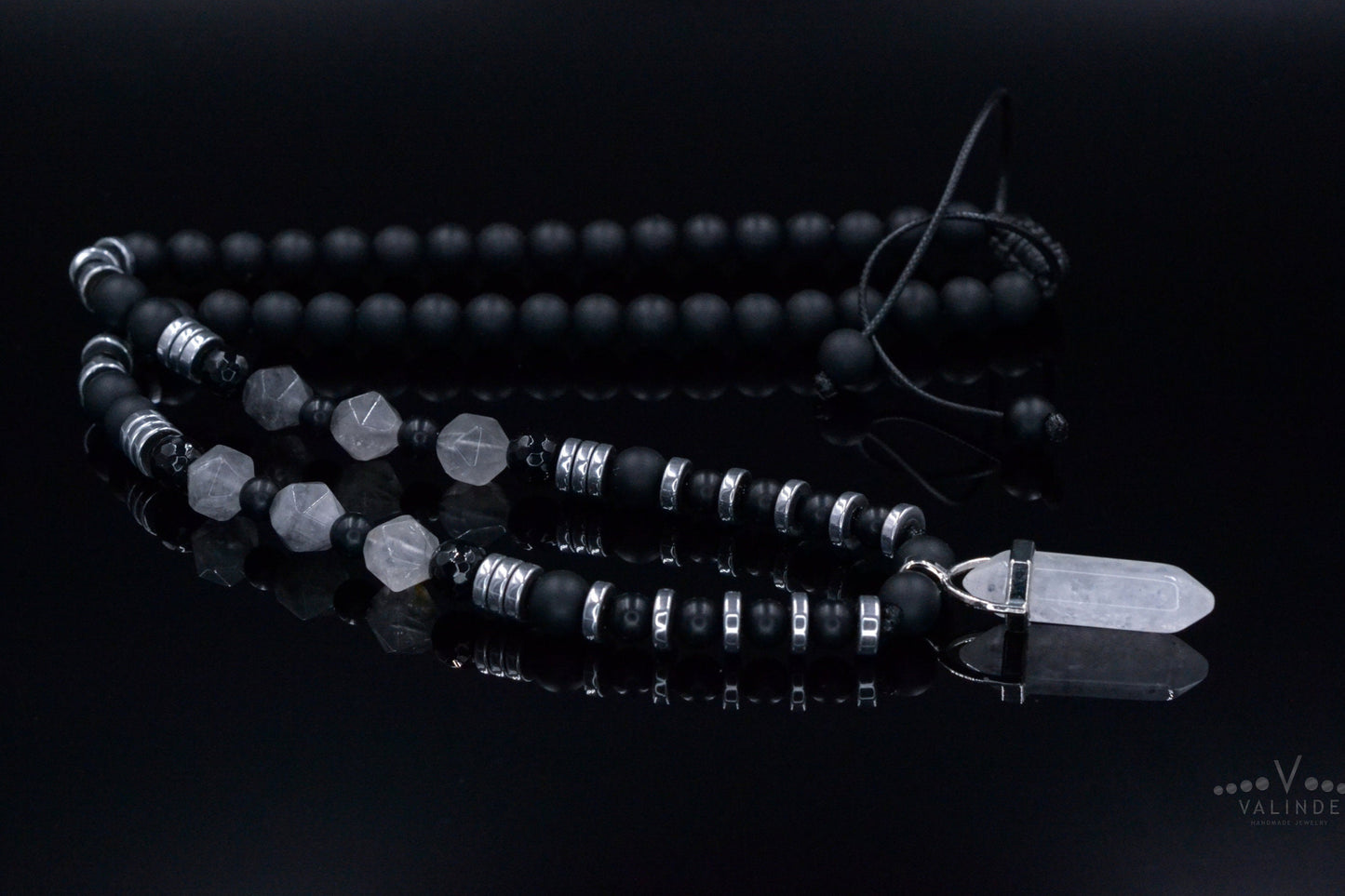 Men's Quartz Pendant Necklace - Long Crystal Beaded Necklace - Black Onyx Hematite Necklace - Gift for Men - Adjustable Necklace for Men - Shamballa Necklace - Birthstone Necklace - Gemstone Necklace Men - Chakra Necklace - Macrame Necklace - Healing Necklace - Valinde