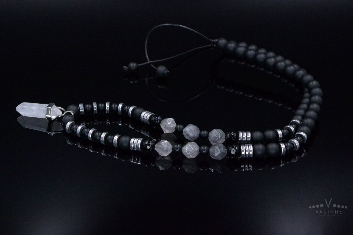 Men's Quartz Pendant Necklace - Long Crystal Beaded Necklace - Black Onyx Hematite Necklace - Gift for Men - Adjustable Necklace for Men - Shamballa Necklace - Birthstone Necklace - Gemstone Necklace Men - Chakra Necklace - Macrame Necklace - Healing Necklace - Valinde