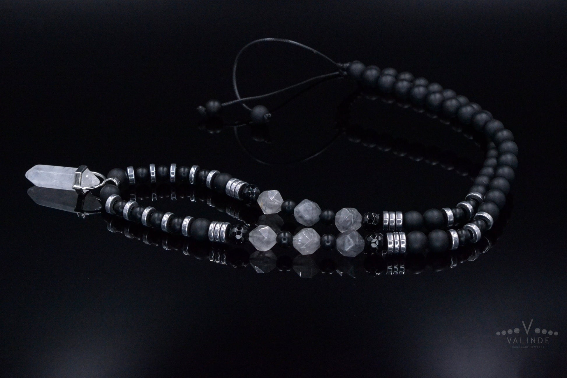 Men's Quartz Pendant Necklace - Long Crystal Beaded Necklace - Black Onyx Hematite Necklace - Gift for Men - Adjustable Necklace for Men - Shamballa Necklace - Birthstone Necklace - Gemstone Necklace Men - Chakra Necklace - Macrame Necklace  - Healing Necklace - Valinde