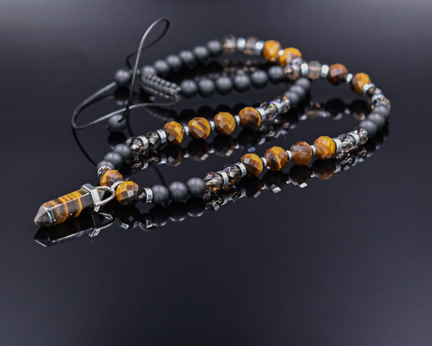 Men's Tiger's Eye Pendant Necklace, Onyx Quartz Crystal Necklace, Gift for Men, Short Beaded Necklace, Brown Tiger Eye Adjustable Necklace - Shamballa Necklace - Birthstone Necklace - Gemstone Necklace Men - Chakra Necklace - Yoga Necklace - Mantra Necklace -Macrame Necklace - Healing Necklace - Valinde