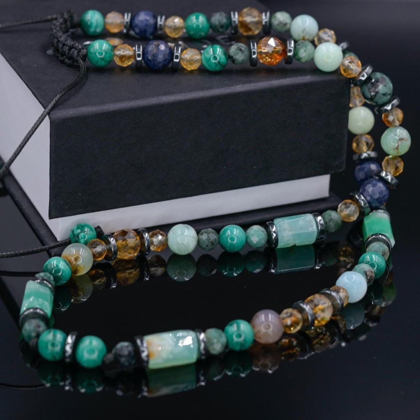 Men's Emerald Sapphire Malachite Gemstone Necklace, Short Chysoprase Beaded Necklace, Luxury Necklace, Gift for Him, Adjustable Necklace - Shamballa Necklace - Birthstone Necklace - Gemstone Necklace Men - Chakra Necklace - Macrame Necklace - Healing Necklace - Valinde