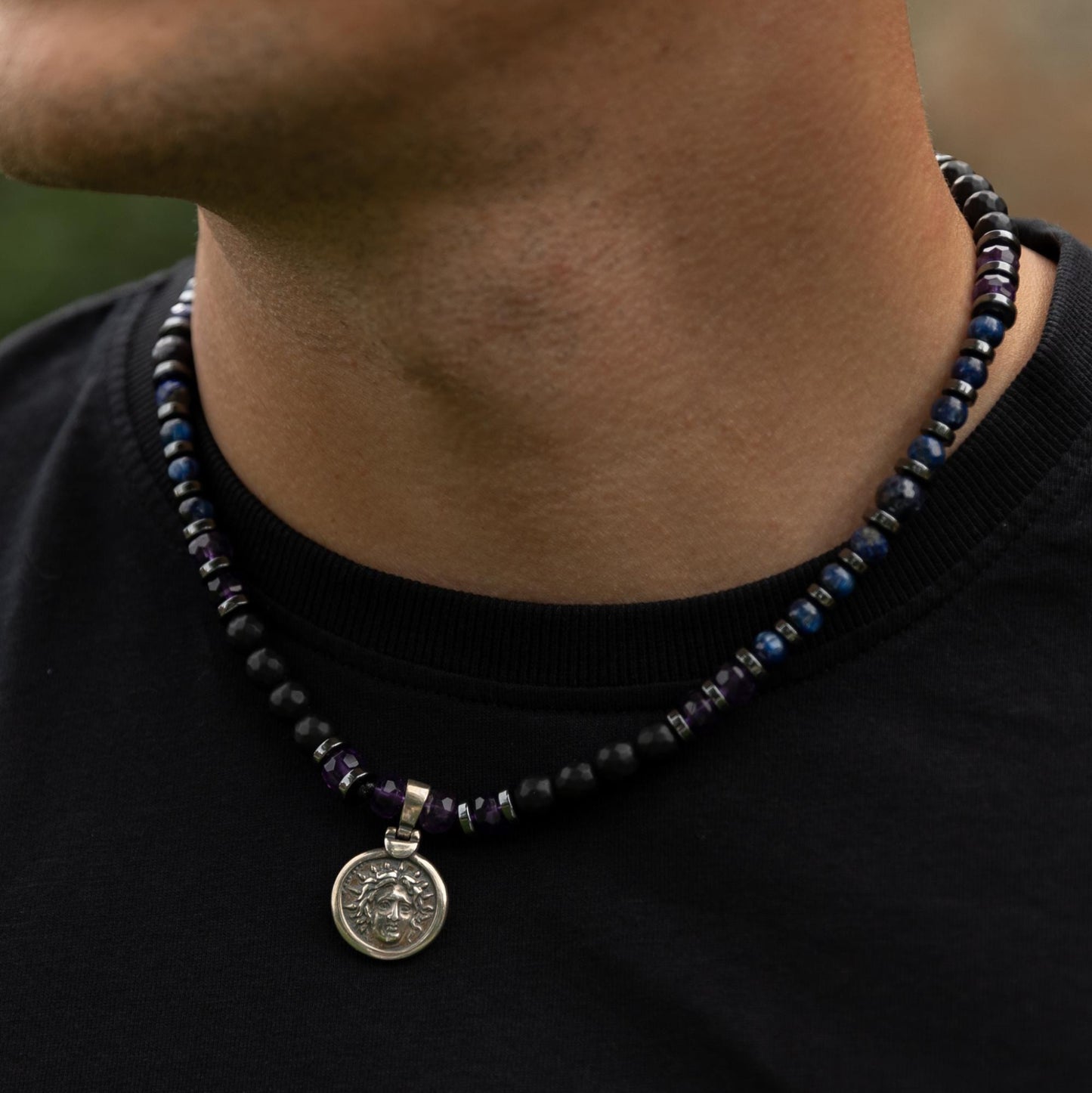 Helios Silver Pendant Necklace, Men's Sapphire Kyanite Amethyst Onyx Gemstone Necklace, Gift for Him, Short Beaded Necklace, Gift for Men - Shamballa Necklace - Birthstone Necklace - Gemstone Necklace Men - Chakra Necklace - Yoga Necklace - Mantra Necklace -Macrame Necklace - Healing Necklace - Gift for Father - Gift For Men - Valinde