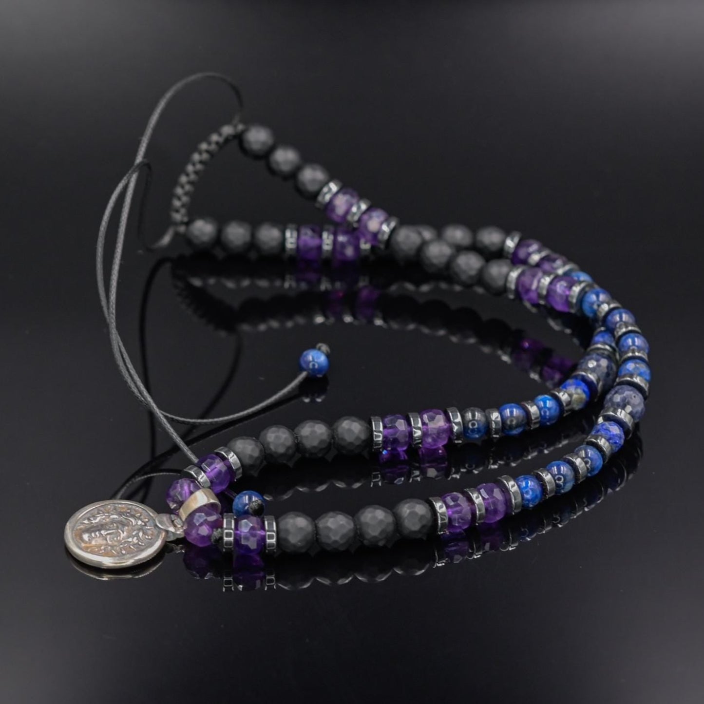 Helios Silver Pendant Necklace, Men's Sapphire Kyanite Amethyst Onyx Gemstone Necklace, Gift for Him, Short Beaded Necklace, Gift for Men - Shamballa Necklace - Birthstone Necklace - Gemstone Necklace Men - Chakra Necklace - Yoga Necklace - Mantra Necklace -Macrame Necklace - Healing Necklace - Gift for Father - Gift For Men - Valinde