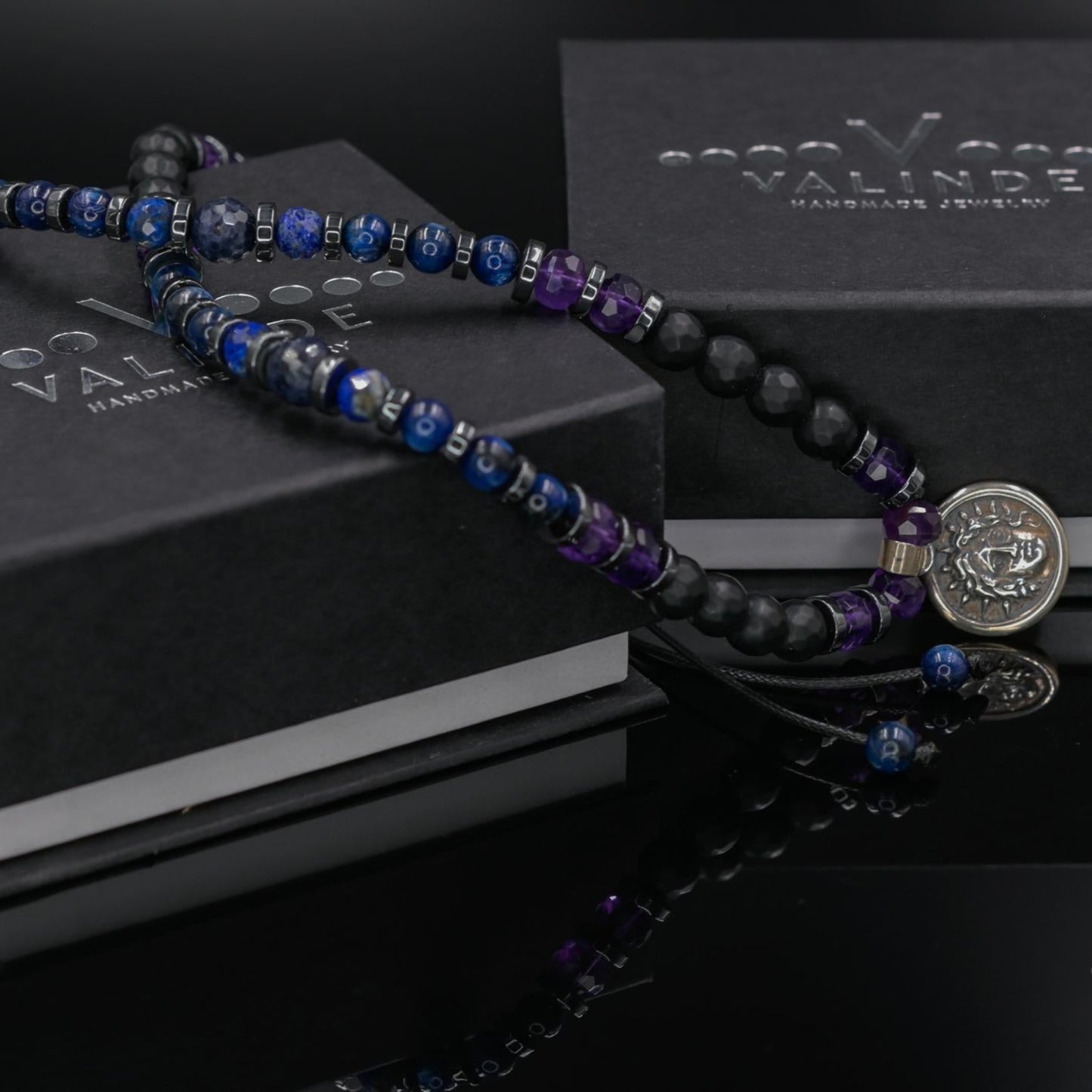 Helios Silver Pendant Necklace, Men's Sapphire Kyanite Amethyst Onyx Gemstone Necklace, Gift for Him, Short Beaded Necklace, Gift for Men - Shamballa Necklace - Birthstone Necklace - Gemstone Necklace Men - Chakra Necklace - Yoga Necklace - Mantra Necklace -Macrame Necklace - Healing Necklace - Gift for Father - Gift For Men - Valinde