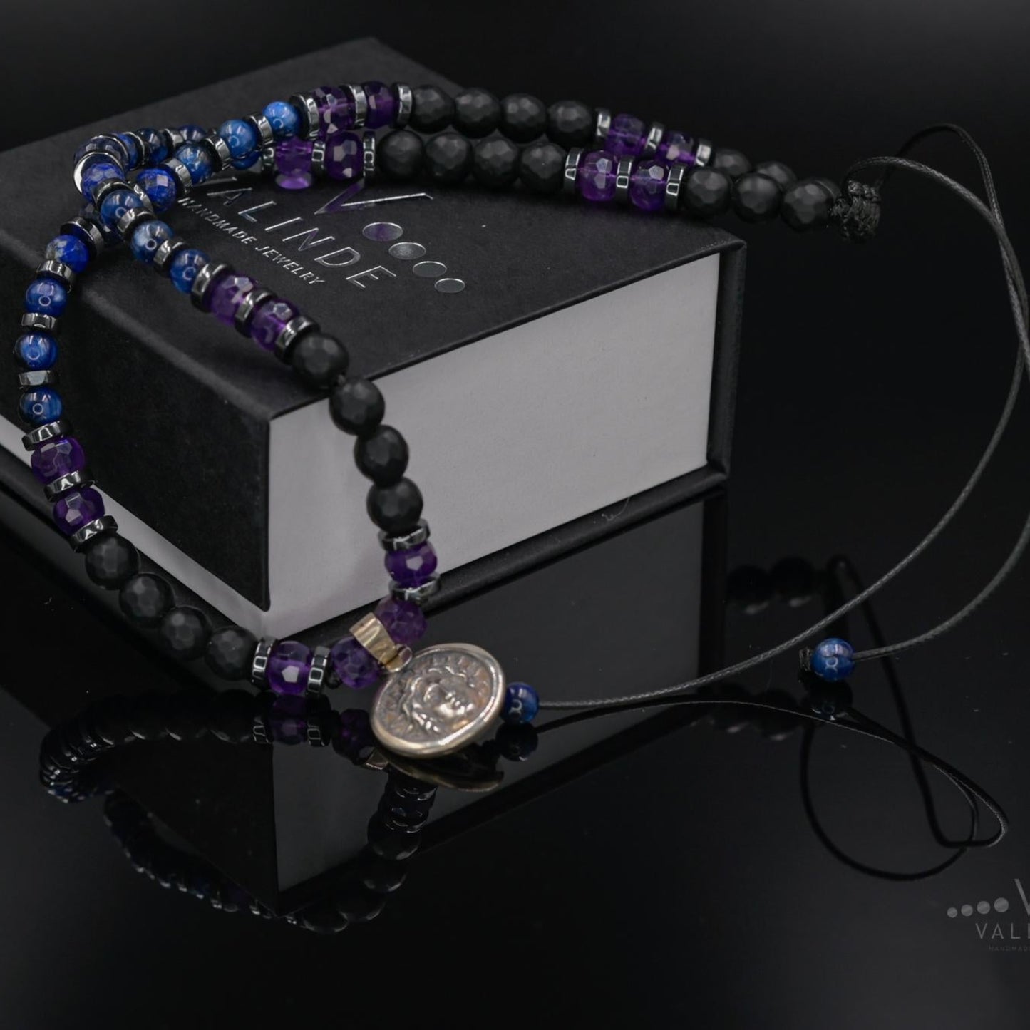 Helios Silver Pendant Necklace, Men's Sapphire Kyanite Amethyst Onyx Gemstone Necklace, Gift for Him, Short Beaded Necklace, Gift for Men - Shamballa Necklace - Birthstone Necklace - Gemstone Necklace Men - Chakra Necklace - Yoga Necklace - Mantra Necklace -Macrame Necklace - Healing Necklace - Gift for Father - Gift For Men - Valinde