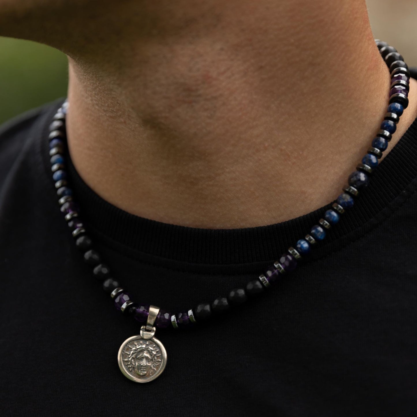 Helios Silver Pendant Necklace, Men's Sapphire Kyanite Amethyst Onyx Gemstone Necklace, Gift for Him, Short Beaded Necklace, Gift for Men - Shamballa Necklace - Birthstone Necklace - Gemstone Necklace Men - Chakra Necklace - Yoga Necklace - Mantra Necklace -Macrame Necklace - Healing Necklace - Gift for Father - Gift For Men - Valinde