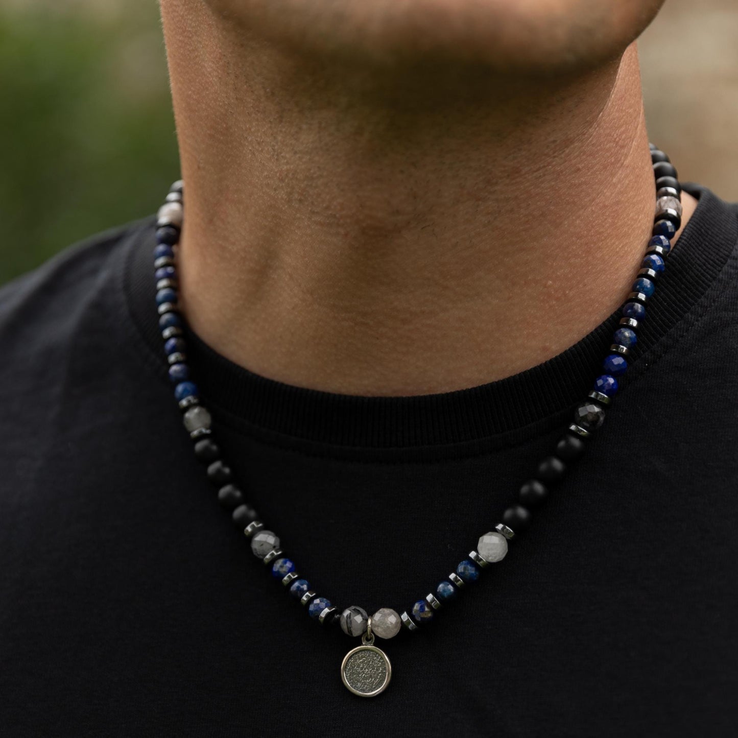Phaistos Disc Silver Pendant Necklace, Men's Lapis Lazuli Kyanite Quartz Onyx Beads Necklace,One of a kind Necklace, Crystal Short Necklace - Shamballa Necklace - Birthstone Necklace - Gemstone Necklace Men - Chakra Necklace - Yoga Necklace - Mantra Necklace -Macrame Necklace - Healing Necklace - Valinde