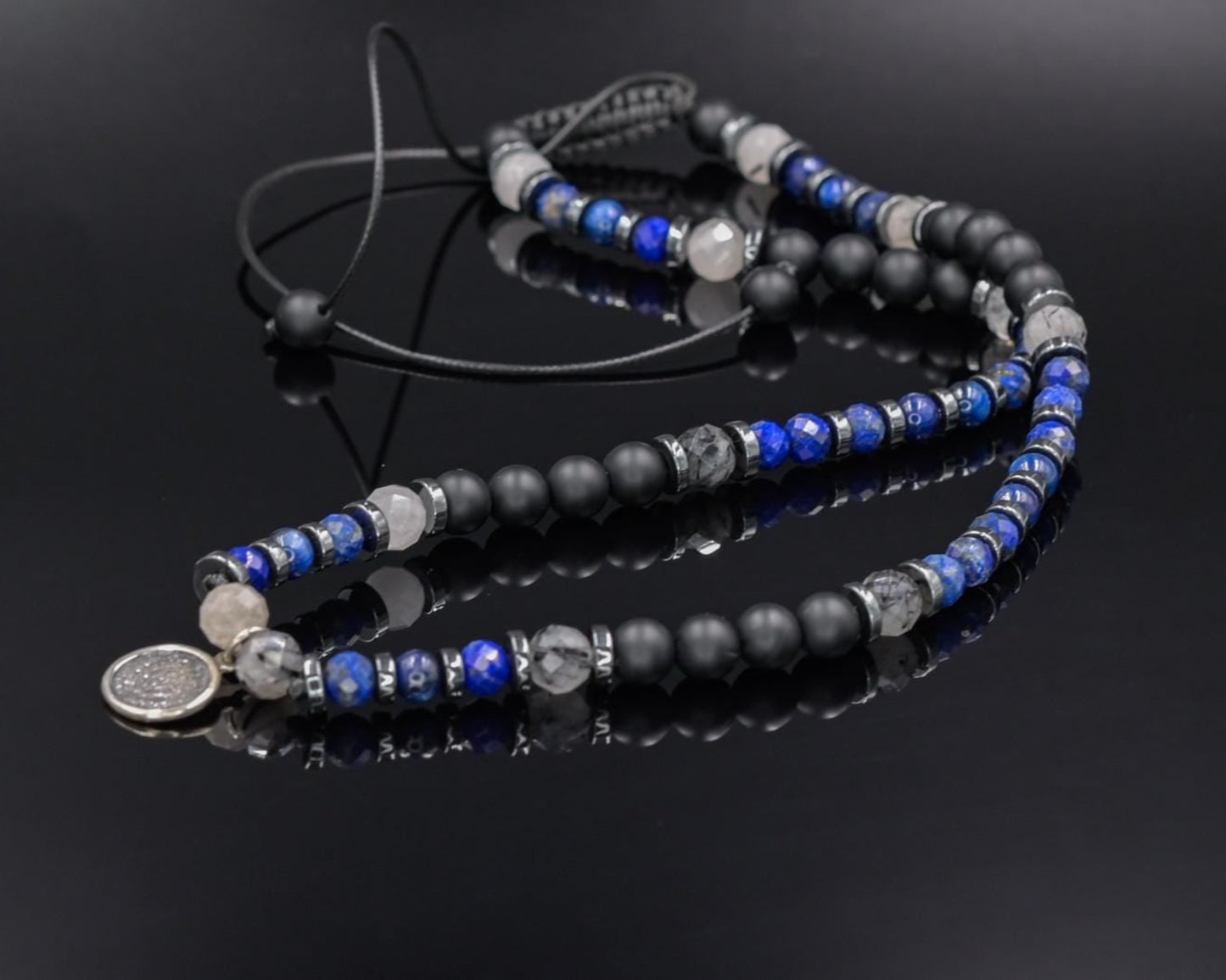 Phaistos Disc Silver Pendant Necklace, Men's Lapis Lazuli Kyanite Quartz Onyx Beads Necklace,One of a kind Necklace, Crystal Short Necklace - Shamballa Necklace - Birthstone Necklace - Gemstone Necklace Men - Chakra Necklace - Yoga Necklace - Mantra Necklace -Macrame Necklace - Healing Necklace - Valinde