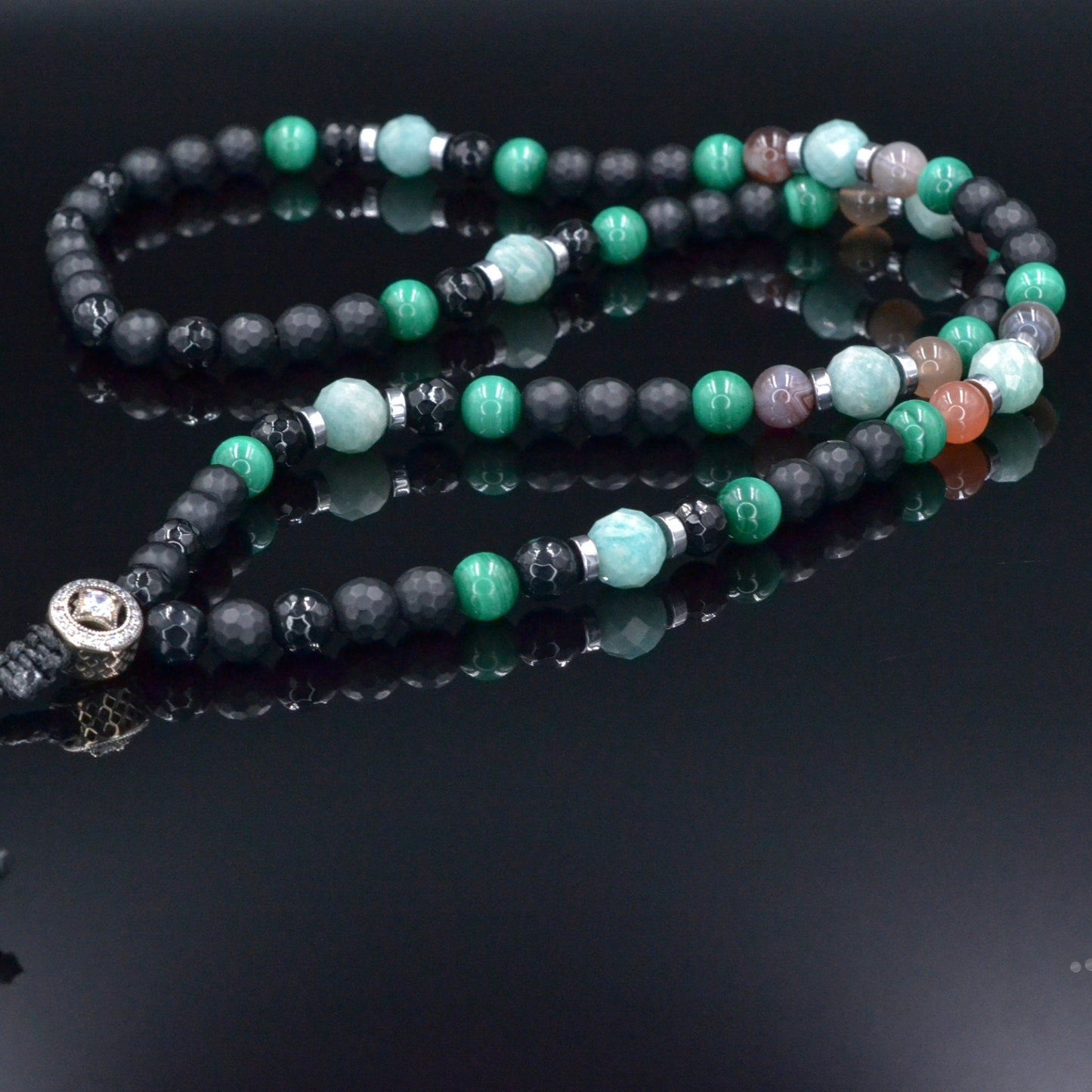 Men's Malachite Necklace, Amazonite Botswana Agate Onyx Necklace,925 Silver Bead Necklace, Long Beaded Necklace, Gift for Men,Stone Necklace - Shamballa Necklace - Birthstone Necklace - Gemstone Necklace Men - Chakra Necklace - Yoga Necklace - Mantra Necklace -Macrame Necklace - Healing Necklace - Valinde