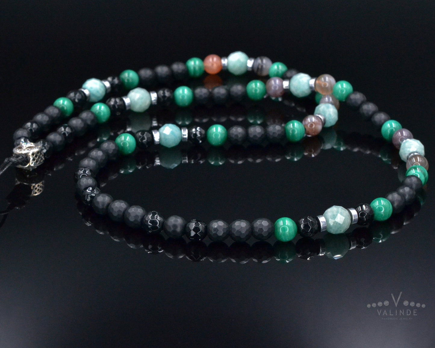 Men's Malachite Necklace, Amazonite Botswana Agate Onyx Necklace,925 Silver Bead Necklace, Long Beaded Necklace, Gift for Men,Stone Necklace - Shamballa Necklace - Birthstone Necklace - Gemstone Necklace Men - Chakra Necklace - Yoga Necklace - Mantra Necklace -Macrame Necklace - Healing Necklace - Valinde