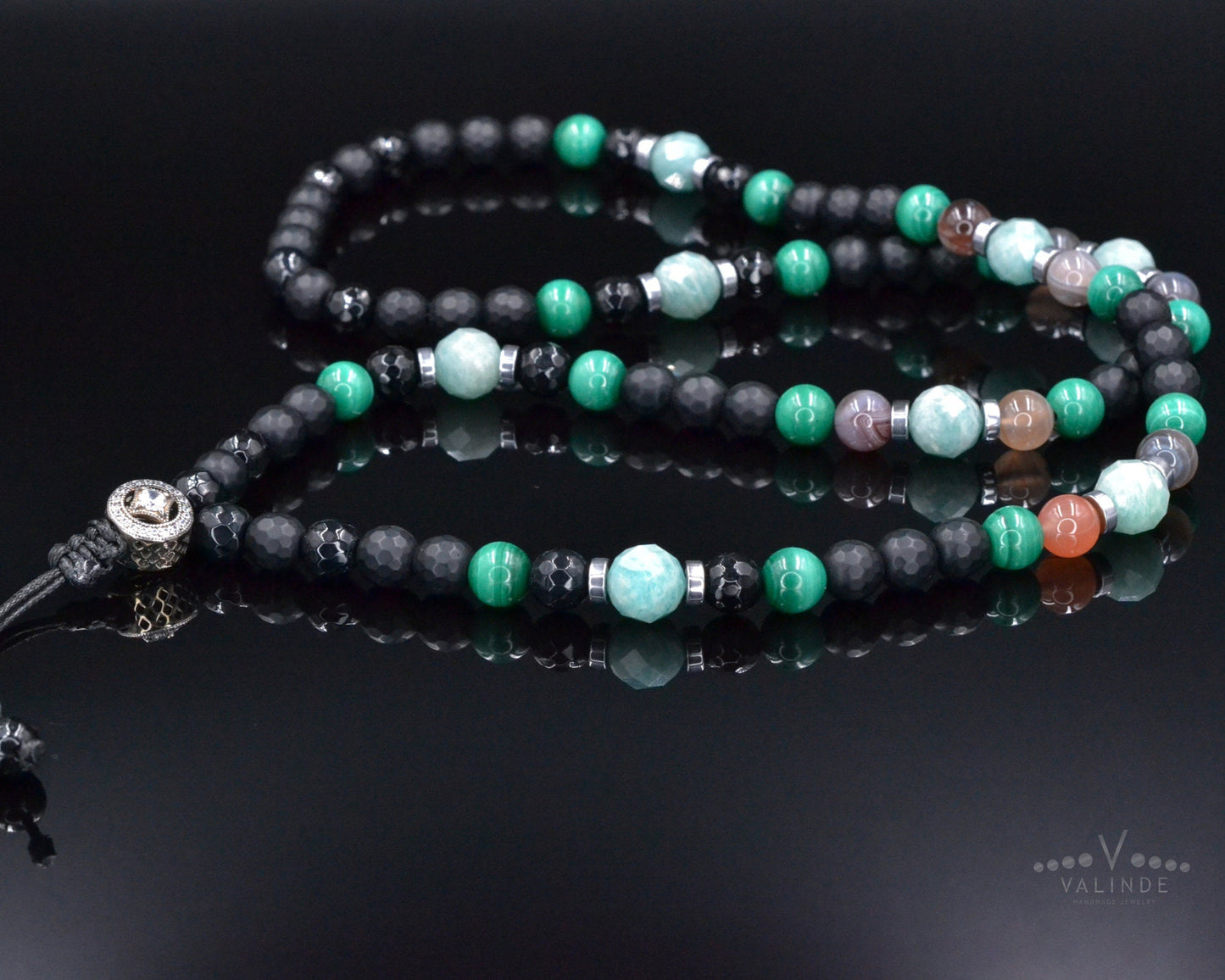Men's Malachite Necklace, Amazonite Botswana Agate Onyx Necklace,925 Silver Bead Necklace, Long Beaded Necklace, Gift for Men,Stone Necklace - Shamballa Necklace - Birthstone Necklace - Gemstone Necklace Men - Chakra Necklace - Yoga Necklace - Mantra Necklace -Macrame Necklace - Healing Necklace - Valinde