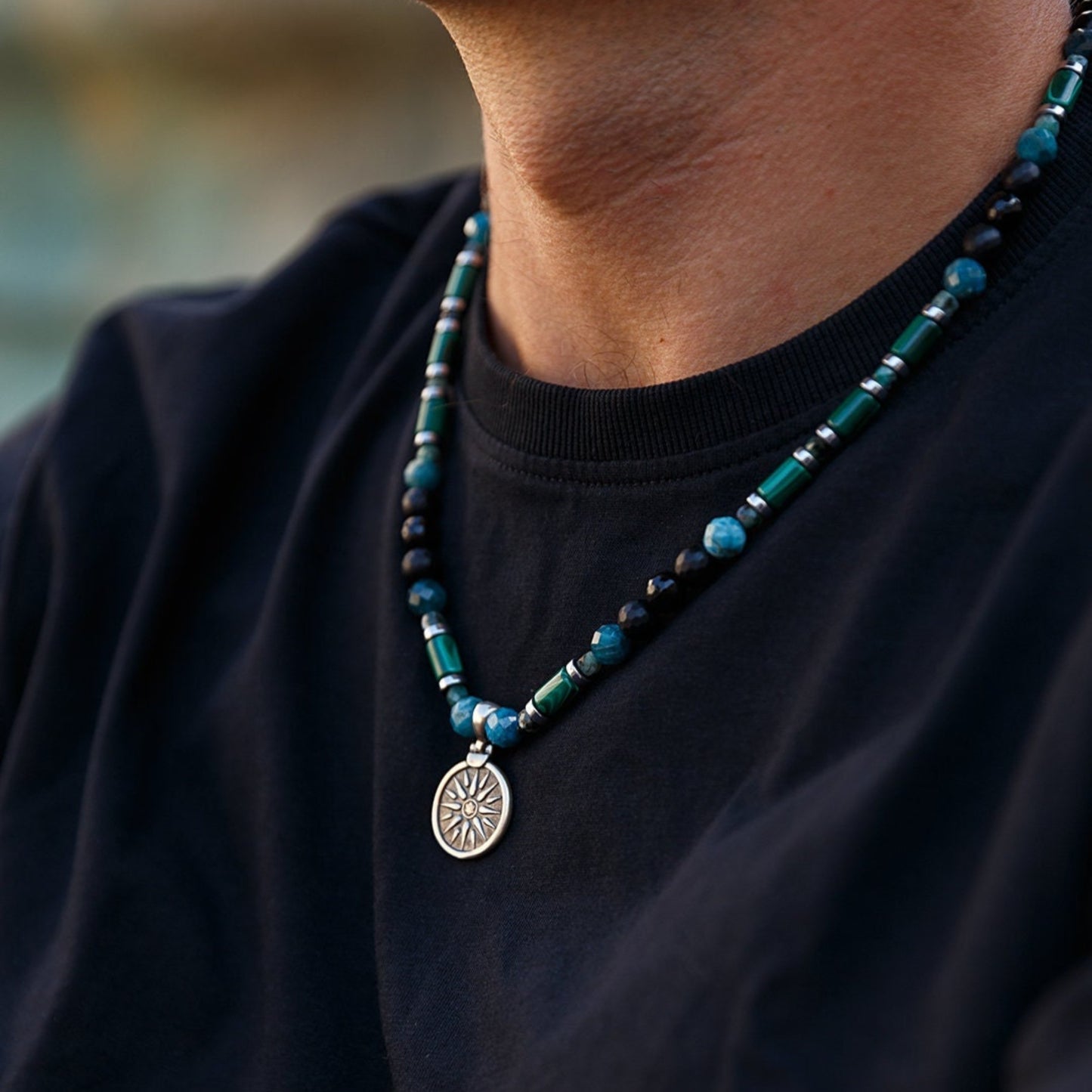 Vergina Sun Coin Necklace - Men's Malachite Apatite Agate Beaded Necklace - Short Necklace -Greek Silver Pendant Necklace - Gift For Men - Shamballa Necklace - Birthstone Necklace - Gemstone Necklace Men - Chakra Necklace - Macrame Necklace - Healing Necklace - Valinde