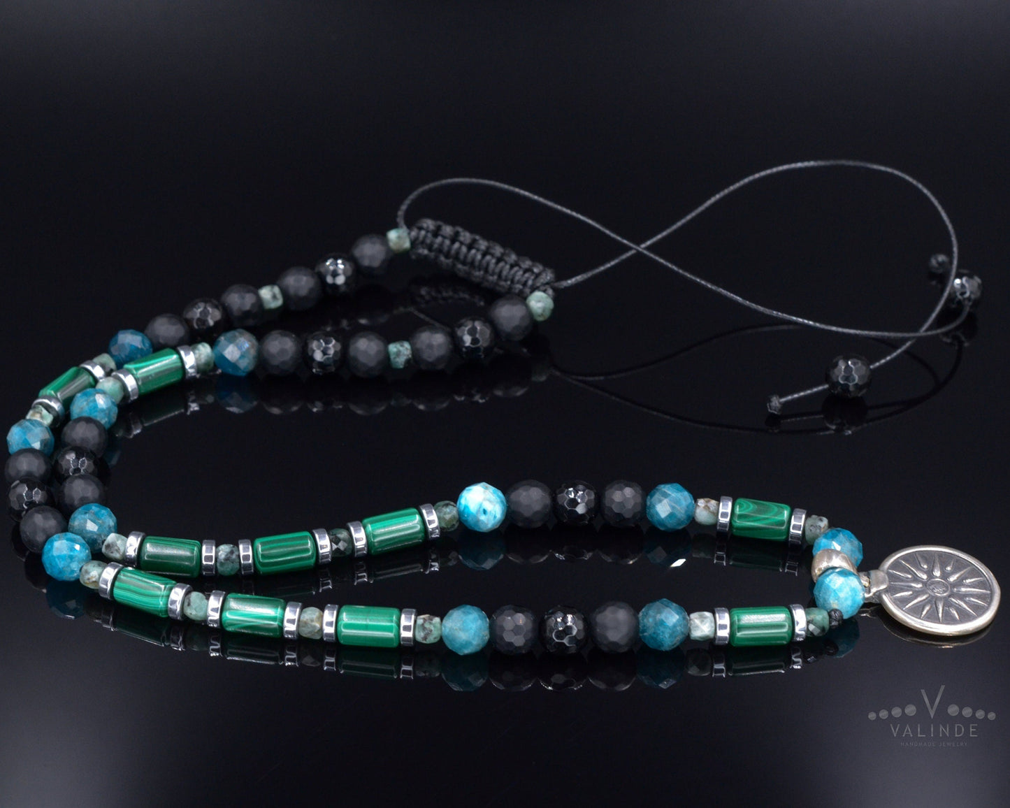 Vergina Sun Coin Necklace - Men's Malachite Apatite Agate Beaded Necklace - Short Necklace -Greek Silver Pendant Necklace - Gift For Men - Shamballa Necklace - Birthstone Necklace - Gemstone Necklace Men - Chakra Necklace - Macrame Necklace - Healing Necklace - Valinde