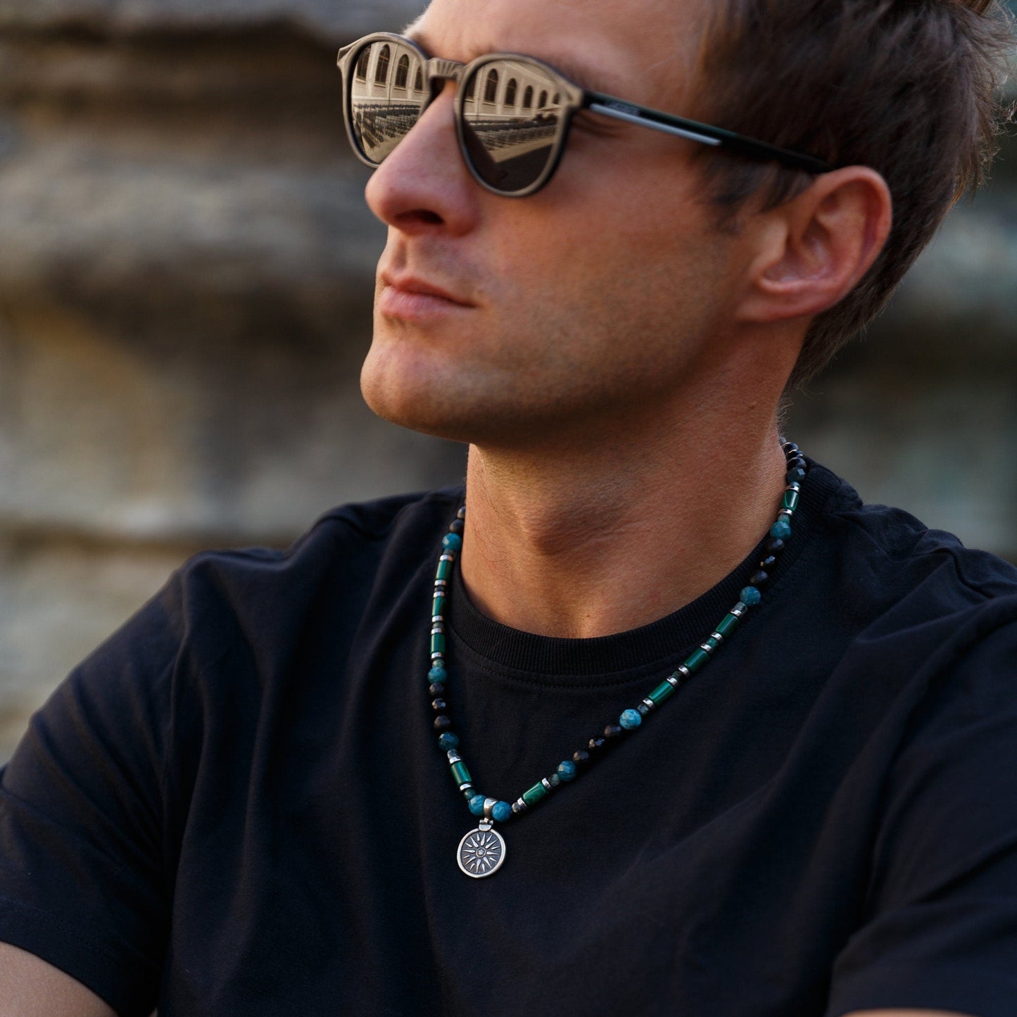 Vergina Sun Coin Necklace - Men's Malachite Apatite Agate Beaded Necklace - Short Necklace -Greek Silver Pendant Necklace - Gift For Men - Shamballa Necklace - Birthstone Necklace - Gemstone Necklace Men - Chakra Necklace - Macrame Necklace - Healing Necklace - Valinde