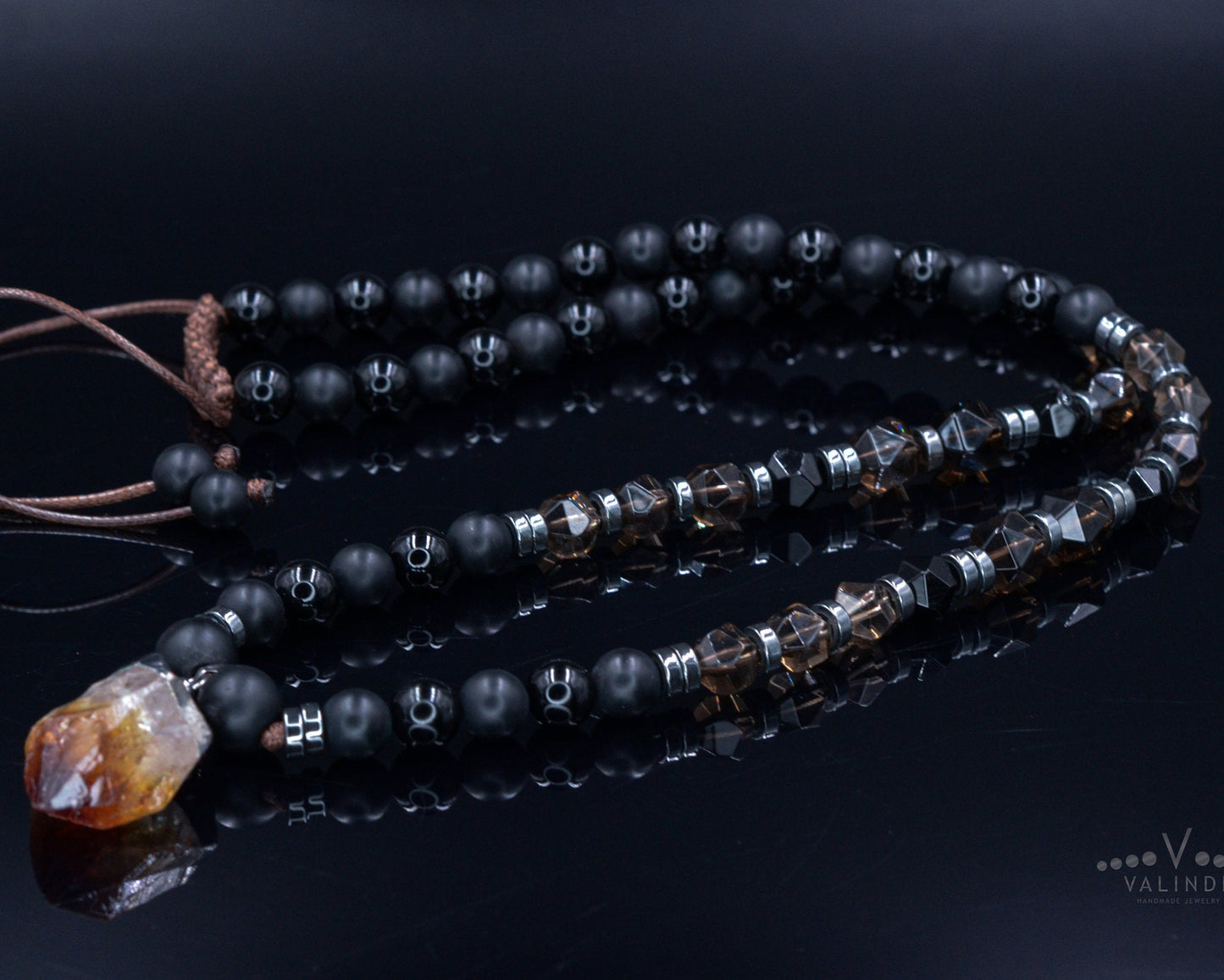 Raw Quartz Pendant Necklace - Men's Long Beaded Crystal Necklace - Black Onyx Necklace - Gift for Men - Smoky Quartz Necklace for Men - Shamballa Necklace - Birthstone Necklace - Gemstone Necklace Men - Chakra Necklace - Macrame Necklace - Healing Necklace - Valinde