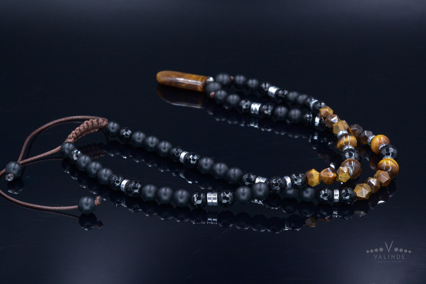 Tiger's Eye Pendant Necklace for Men - Long Crystal Necklace - Men's Black Onyx Necklace & Hematite - Gift for Men - Beaded Necklace - Shamballa Necklace - Birthstone Necklace - Gemstone Necklace Men - Chakra Necklace - Macrame Necklace - Healing Necklace - Valinde