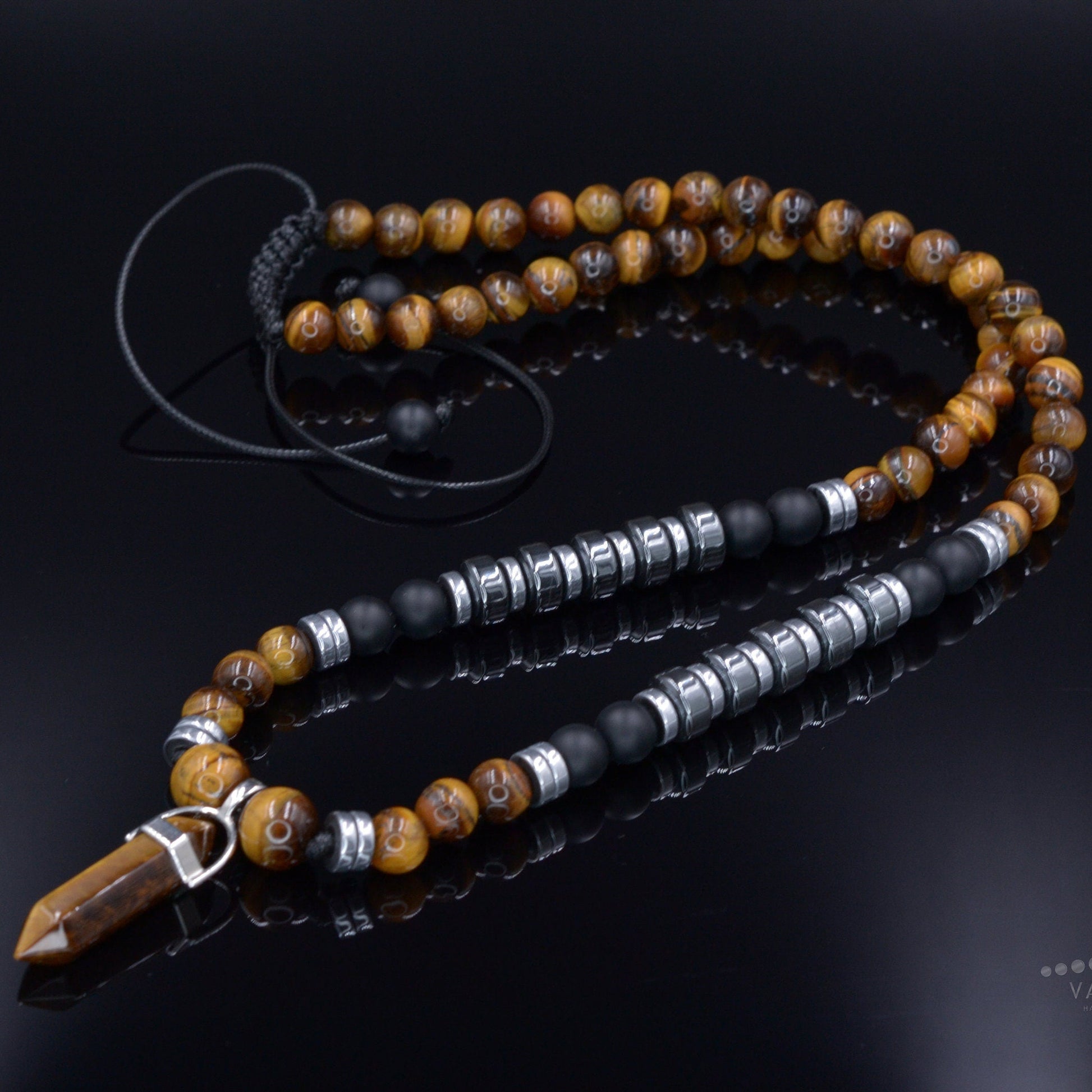Men's Tiger's Eye & Hematite Beaded Necklace - Long Necklace - Gift for Men- Father's Day Gift - Tiger Eye Pendant Necklace - Onyx Necklace - Shamballa Necklace - Birthstone Necklace - Gemstone Necklace Men - Chakra Necklace - Macrame Necklace  - Healing Necklace - Valinde