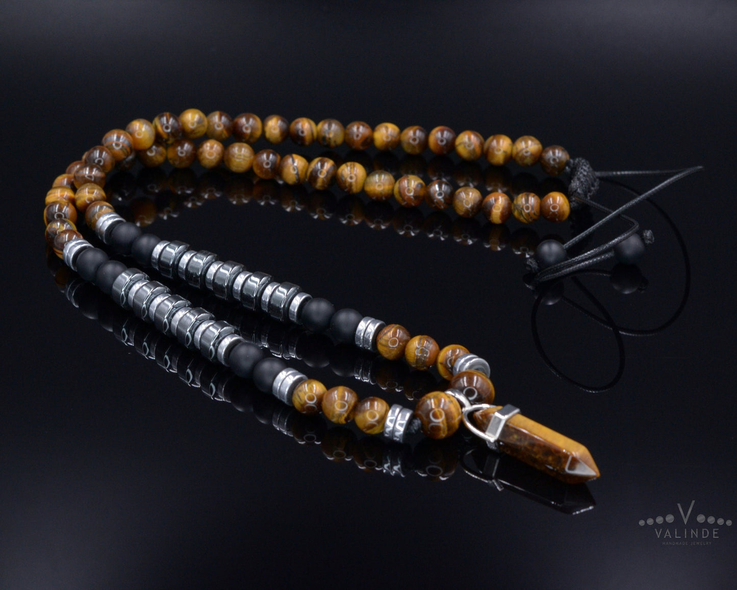 Men's Tiger's Eye & Hematite Beaded Necklace - Long Necklace - Gift for Men- Father's Day Gift - Tiger Eye Pendant Necklace - Onyx Necklace - Shamballa Necklace - Birthstone Necklace - Gemstone Necklace Men - Chakra Necklace - Macrame Necklace - Healing Necklace - Valinde