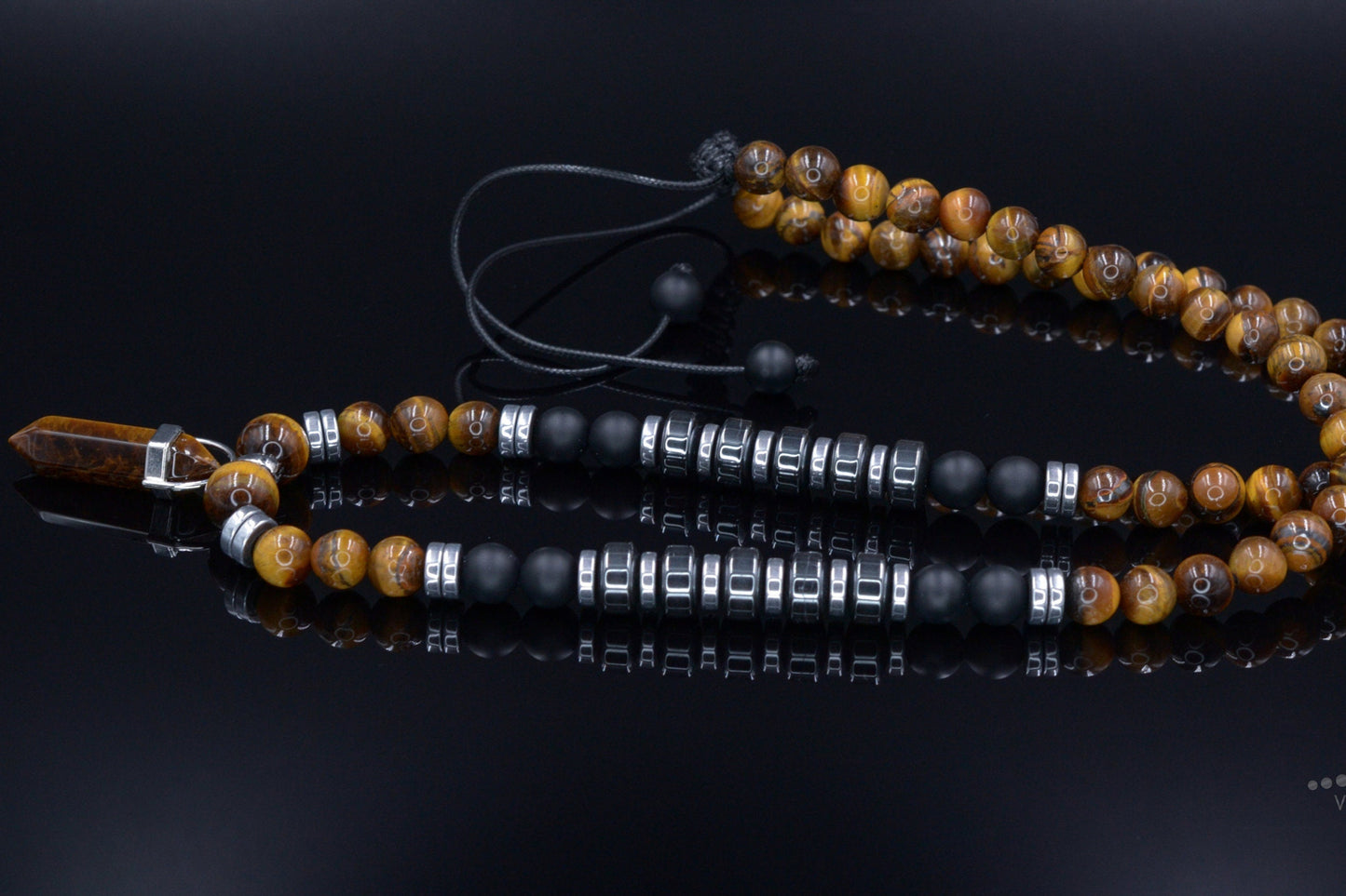 Men's Tiger's Eye & Hematite Beaded Necklace - Long Necklace - Gift for Men- Father's Day Gift - Tiger Eye Pendant Necklace - Onyx Necklace - Shamballa Necklace - Birthstone Necklace - Gemstone Necklace Men - Chakra Necklace - Macrame Necklace - Healing Necklace - Valinde