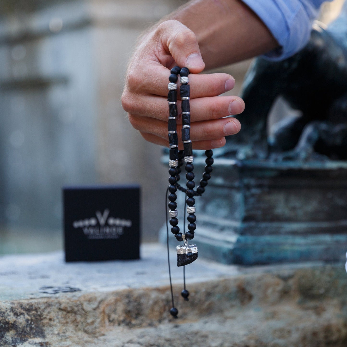 Raw Tourmaline Pendant Necklace for Men - Men's Black Onyx Necklace - Long Crystal Necklae - Steel Beads Adjustable Necklace - Gift for Men - Shamballa Necklace - Birthstone Necklace - Gemstone Necklace Men - Chakra Necklace - Macrame Necklace - Healing Necklace - Valinde