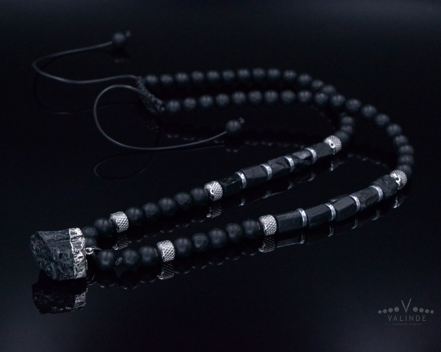 Raw Tourmaline Pendant Necklace for Men - Men's Black Onyx Necklace - Long Crystal Necklae - Steel Beads Adjustable Necklace - Gift for Men - Shamballa Necklace - Birthstone Necklace - Gemstone Necklace Men - Chakra Necklace - Macrame Necklace - Healing Necklace - Valinde