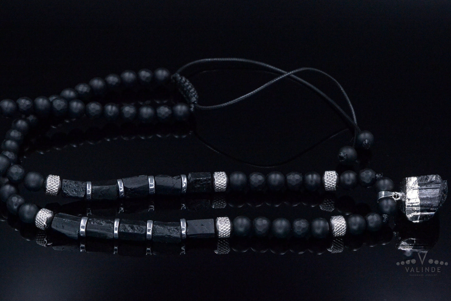 Raw Tourmaline Pendant Necklace for Men - Men's Black Onyx Necklace - Long Crystal Necklae - Steel Beads Adjustable Necklace - Gift for Men - Shamballa Necklace - Birthstone Necklace - Gemstone Necklace Men - Chakra Necklace - Macrame Necklace - Healing Necklace - Valinde