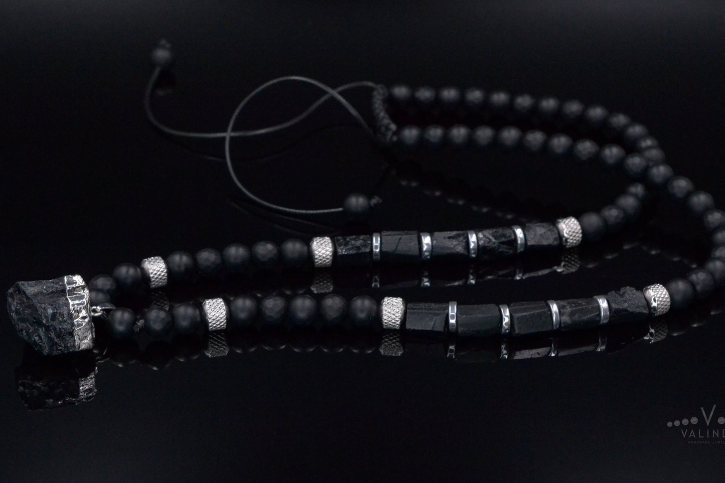Raw Tourmaline Pendant Necklace for Men - Men's Black Onyx Necklace - Long Crystal Necklae - Steel Beads Adjustable Necklace - Gift for Men - Shamballa Necklace - Birthstone Necklace - Gemstone Necklace Men - Chakra Necklace - Macrame Necklace - Healing Necklace - Valinde