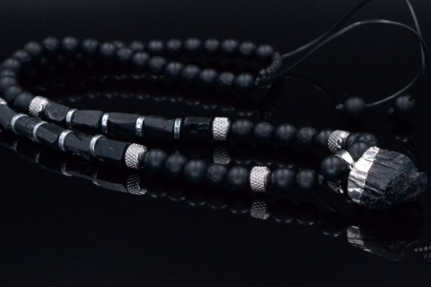 Raw Tourmaline Pendant Necklace for Men - Men's Black Onyx Necklace - Long Crystal Necklae - Steel Beads Adjustable Necklace - Gift for Men - Shamballa Necklace - Birthstone Necklace - Gemstone Necklace Men - Chakra Necklace - Macrame Necklace - Healing Necklace - Valinde