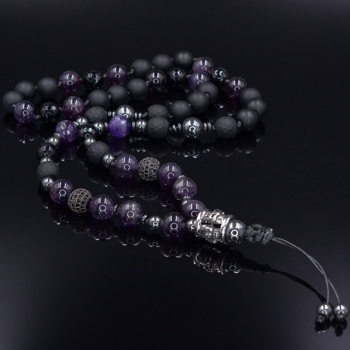 Men's Skull Steel Bead Necklace - Amethyst and Black Onyx Necklace - Gift for Men - Long Crystal Necklace - Hematite Stone Necklace for Men - Shamballa Necklace - Birthstone Necklace - Gemstone Necklace Men - Chakra Necklace - Macrame Necklace - Healing Necklace - Valinde