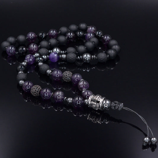 Men's Skull Steel Bead Necklace - Amethyst and Black Onyx Necklace - Gift for Men - Long Crystal Necklace - Hematite Stone Necklace for Men - Shamballa Necklace - Birthstone Necklace - Gemstone Necklace Men - Chakra Necklace - Macrame Necklace  - Healing Necklace - Valinde