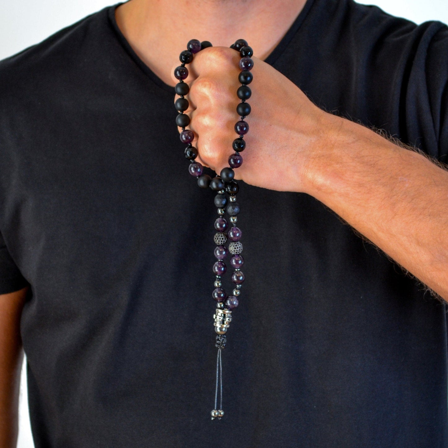 Men's Skull Steel Bead Necklace - Amethyst and Black Onyx Necklace - Gift for Men - Long Crystal Necklace - Hematite Stone Necklace for Men - Shamballa Necklace - Birthstone Necklace - Gemstone Necklace Men - Chakra Necklace - Macrame Necklace - Healing Necklace - Valinde