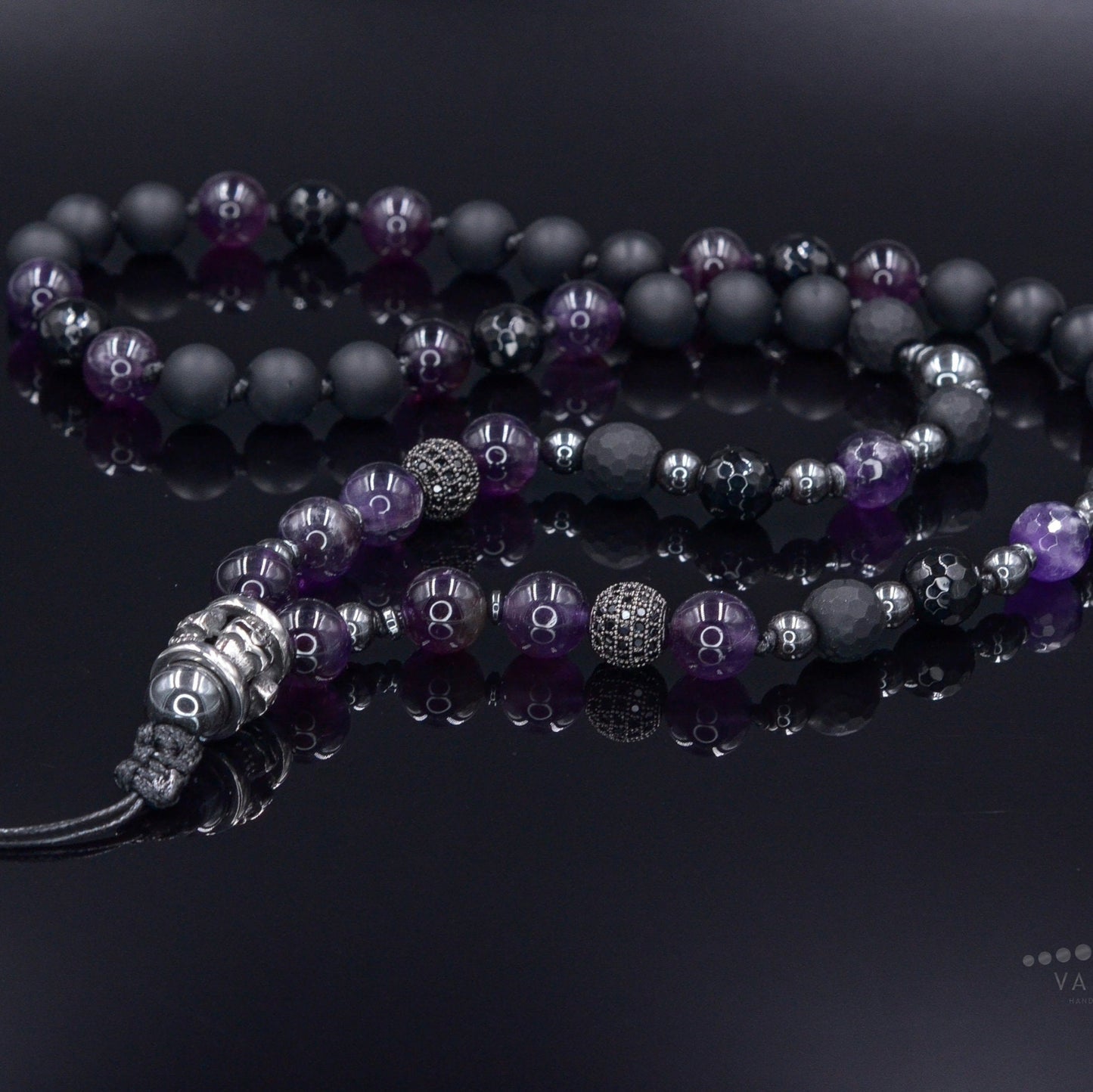 Men's Skull Steel Bead Necklace - Amethyst and Black Onyx Necklace - Gift for Men - Long Crystal Necklace - Hematite Stone Necklace for Men - Shamballa Necklace - Birthstone Necklace - Gemstone Necklace Men - Chakra Necklace - Macrame Necklace - Healing Necklace - Valinde