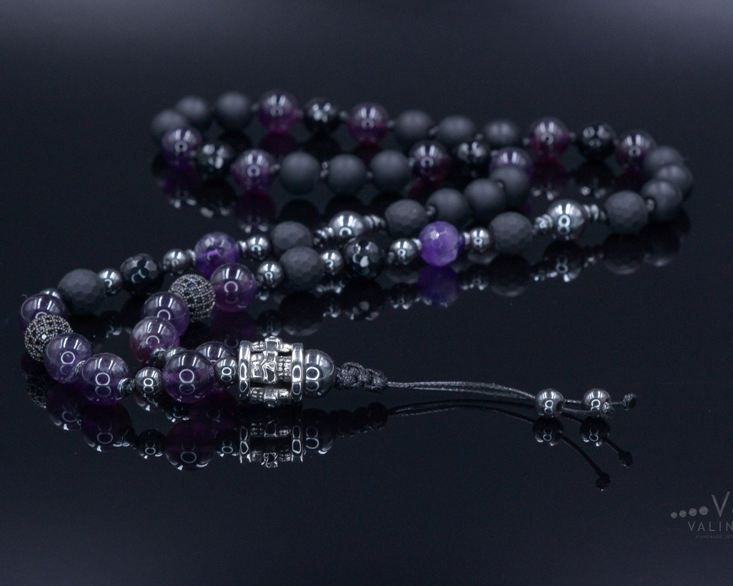 Men's Skull Steel Bead Necklace - Amethyst and Black Onyx Necklace - Gift for Men - Long Crystal Necklace - Hematite Stone Necklace for Men - Shamballa Necklace - Birthstone Necklace - Gemstone Necklace Men - Chakra Necklace - Macrame Necklace - Healing Necklace - Valinde