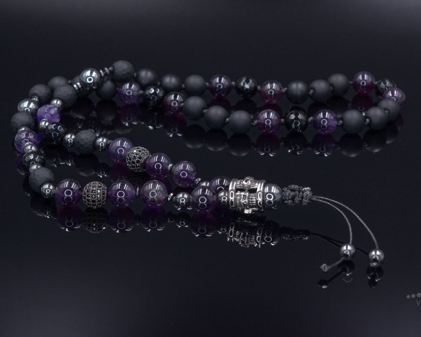 Men's Skull Steel Bead Necklace - Amethyst and Black Onyx Necklace - Gift for Men - Long Crystal Necklace - Hematite Stone Necklace for Men - Shamballa Necklace - Birthstone Necklace - Gemstone Necklace Men - Chakra Necklace - Macrame Necklace - Healing Necklace - Valinde