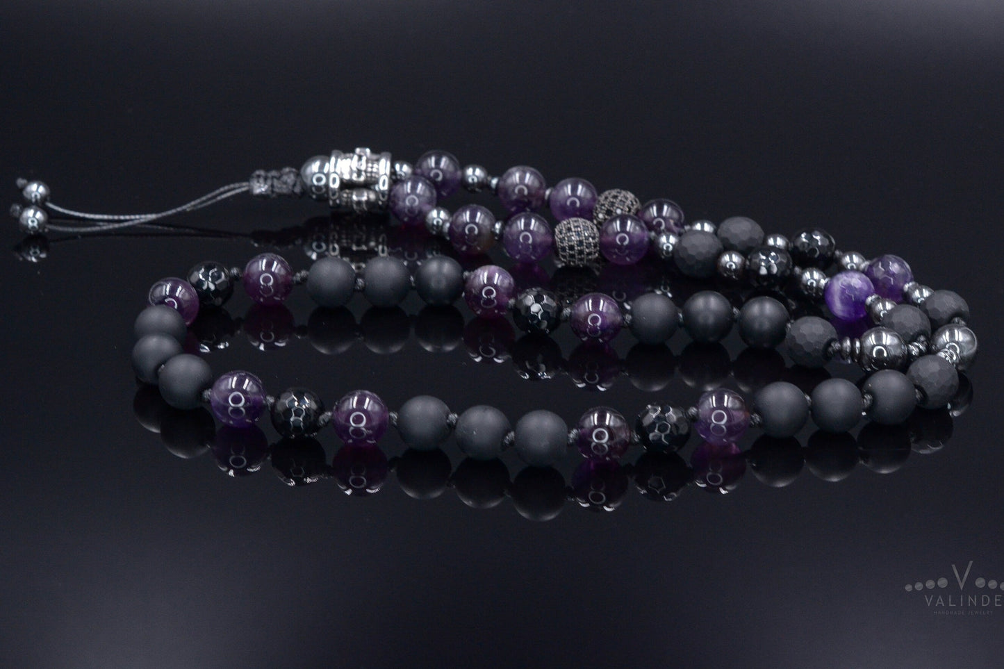 Men's Skull Steel Bead Necklace - Amethyst and Black Onyx Necklace - Gift for Men - Long Crystal Necklace - Hematite Stone Necklace for Men