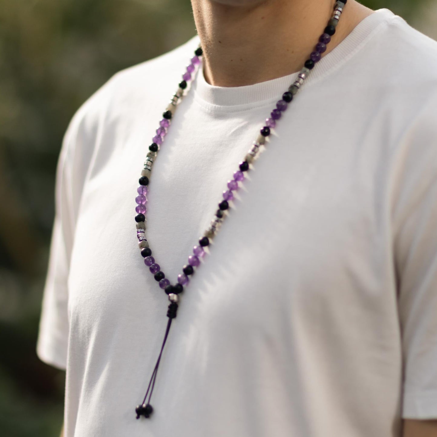Amethyst Birthstone Necklace Men, Men's Long Beaded Labradorite Agate Steel Necklace, Gift for Him, Crystal Necklace, Anniversary Gift- Shamballa Necklace - Birthstone Necklace - Gemstone Necklace Men - Chakra Necklace - Yoga Necklace - Mantra Necklace -Macrame Necklace - Healing Necklace - Gift for Father - Gift For Men - Valinde