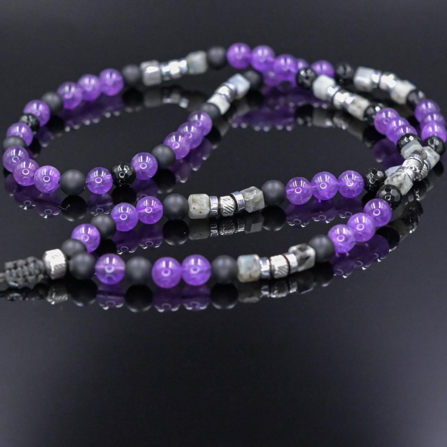 Amethyst Birthstone Necklace Men, Men's Long Beaded Labradorite Agate Steel Necklace, Gift for Him, Crystal Necklace, Anniversary Gift- Shamballa Necklace - Birthstone Necklace - Gemstone Necklace Men - Chakra Necklace - Yoga Necklace - Mantra Necklace -Macrame Necklace - Healing Necklace - Gift for Father - Gift For Men - Valinde