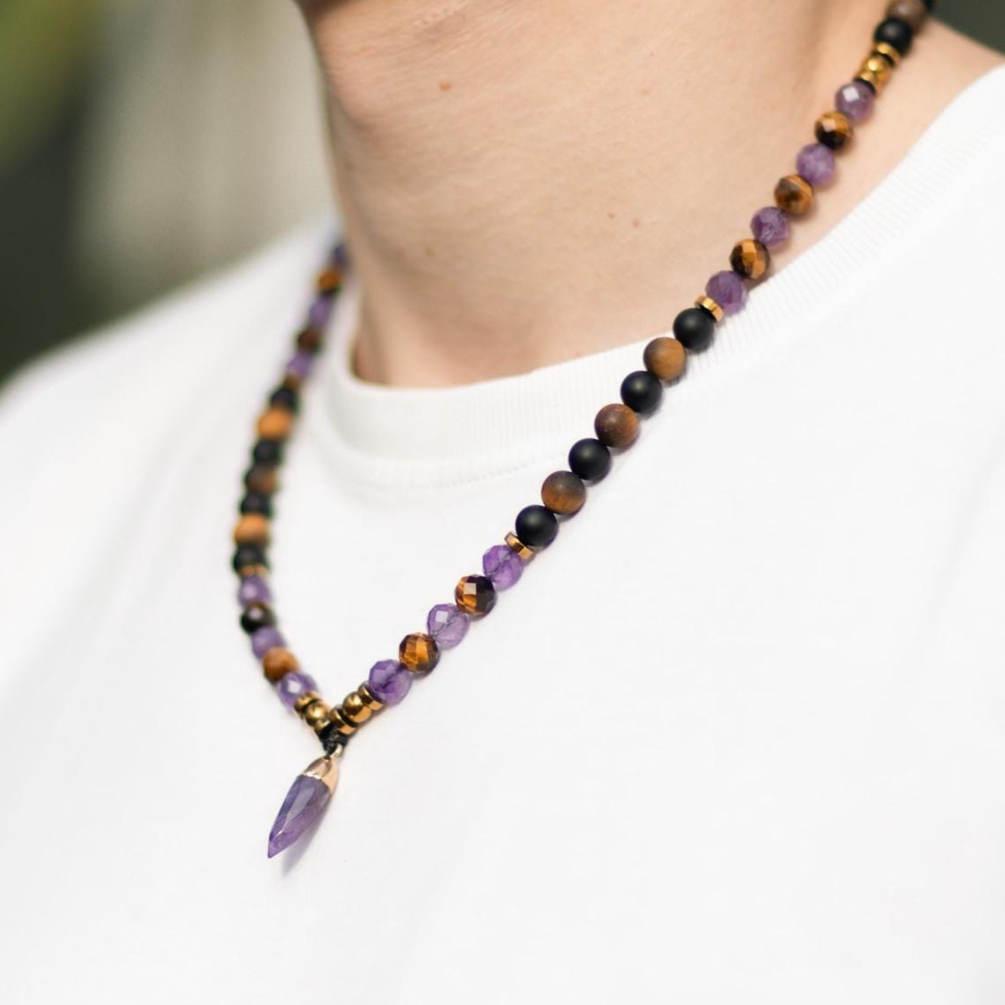 Amethyst Tiger's Eye Onyx Gemstone Necklace, Men's Short Beaded Adjustable Crystal Necklace, Gift for Him - Shamballa Necklace - Birthstone Necklace - Gemstone Necklace Men - Chakra Necklace - Yoga Necklace - Mantra Necklace -Macrame Necklace - Healing Necklace - Gift for Father - Gift For Men - Valinde