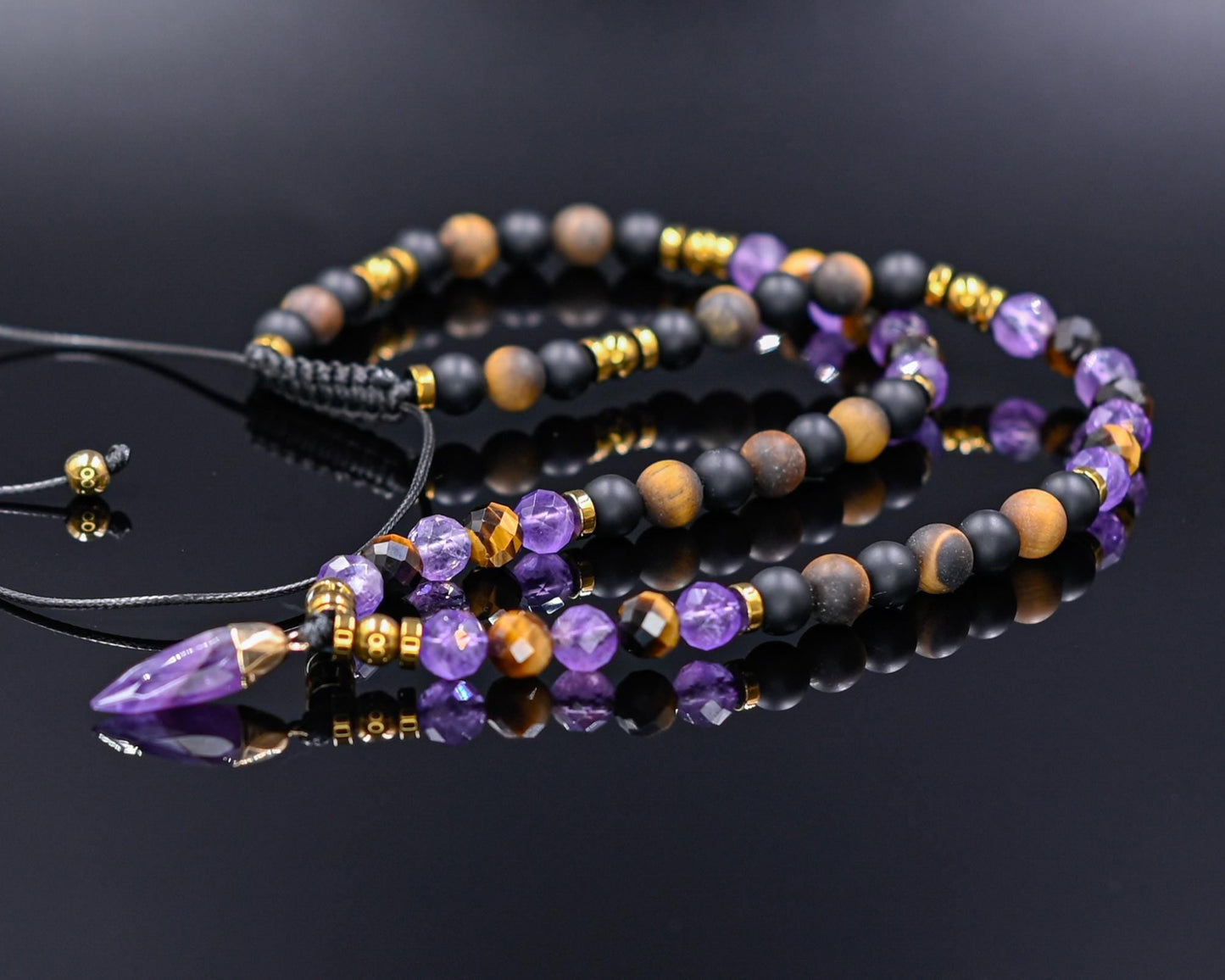 Amethyst Tiger's Eye Onyx Gemstone Necklace, Men's Short Beaded Adjustable Crystal Necklace, Gift for Him - Shamballa Necklace - Birthstone Necklace - Gemstone Necklace Men - Chakra Necklace - Yoga Necklace - Mantra Necklace -Macrame Necklace - Healing Necklace - Gift for Father - Gift For Men - Valinde