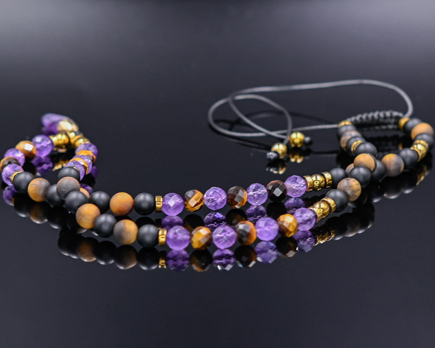 Amethyst Tiger's Eye Onyx Gemstone Necklace, Men's Short Beaded Adjustable Crystal Necklace, Gift for Him - Shamballa Necklace - Birthstone Necklace - Gemstone Necklace Men - Chakra Necklace - Yoga Necklace - Mantra Necklace -Macrame Necklace - Healing Necklace - Gift for Father - Gift For Men - Valinde