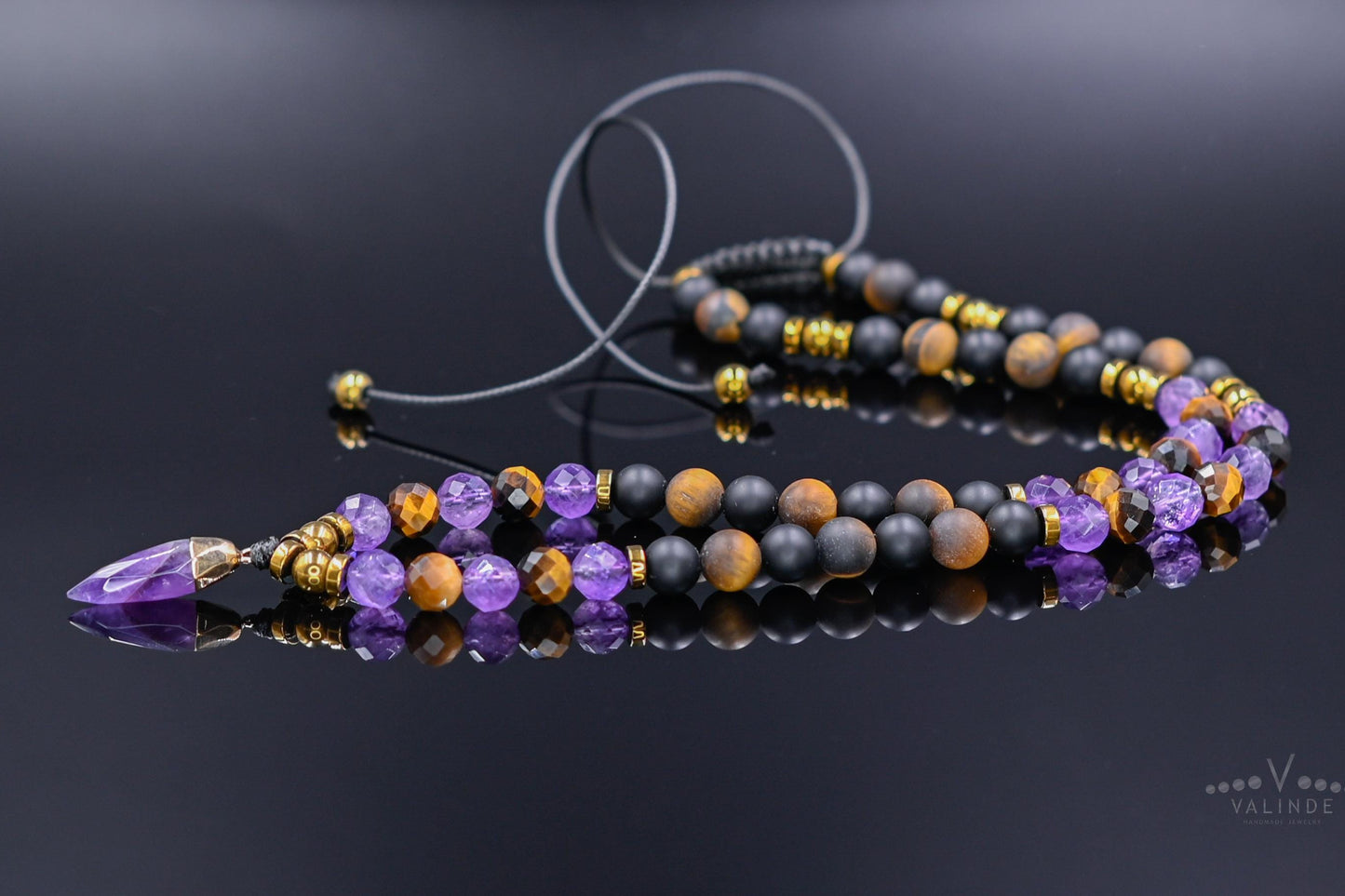Amethyst Tiger's Eye Onyx Gemstone Necklace, Men's Short Beaded Adjustable Crystal Necklace, Gift for Him - Shamballa Necklace - Birthstone Necklace - Gemstone Necklace Men - Chakra Necklace - Yoga Necklace - Mantra Necklace -Macrame Necklace - Healing Necklace - Gift for Father - Gift For Men - Valinde