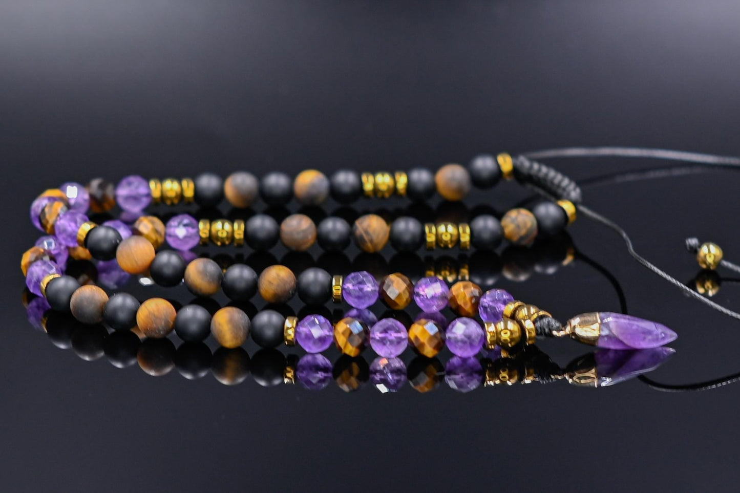 Amethyst Tiger's Eye Onyx Gemstone Necklace, Men's Short Beaded Adjustable Crystal Necklace, Gift for Him - Shamballa Necklace - Birthstone Necklace - Gemstone Necklace Men - Chakra Necklace - Yoga Necklace - Mantra Necklace -Macrame Necklace - Healing Necklace - Gift for Father - Gift For Men - Valinde