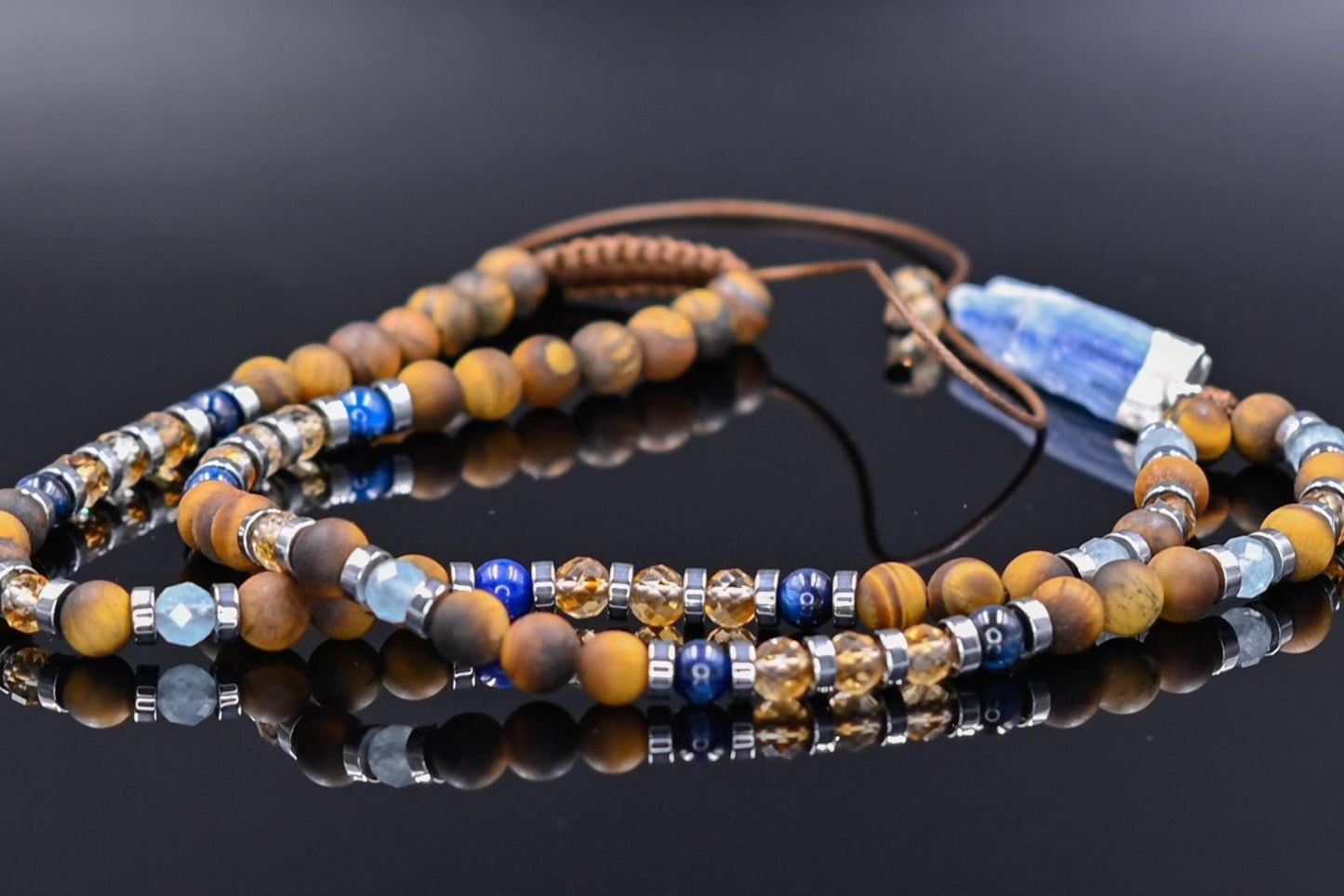 Men's Protection Tiger's Eye Necklace, Aquamarine Citrine Kyanite Gemstone Adjustable Necklace, Long Pendant Necklace, Gift for Men- Shamballa Necklace - Birthstone Necklace - Gemstone Necklace Men - Chakra Necklace - Yoga Necklace - Mantra Necklace -Macrame Necklace - Healing Necklace - Gift for Father - Gift For Men - Valinde