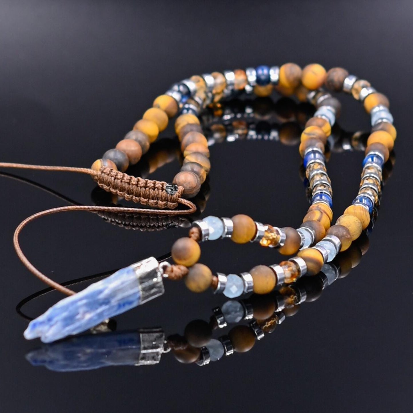 Men's Protection Tiger's Eye Necklace, Aquamarine Citrine Kyanite Gemstone Adjustable Necklace, Long Pendant Necklace, Gift for Men- Shamballa Necklace - Birthstone Necklace - Gemstone Necklace Men - Chakra Necklace - Yoga Necklace - Mantra Necklace -Macrame Necklace - Healing Necklace - Gift for Father - Gift For Men - Valinde