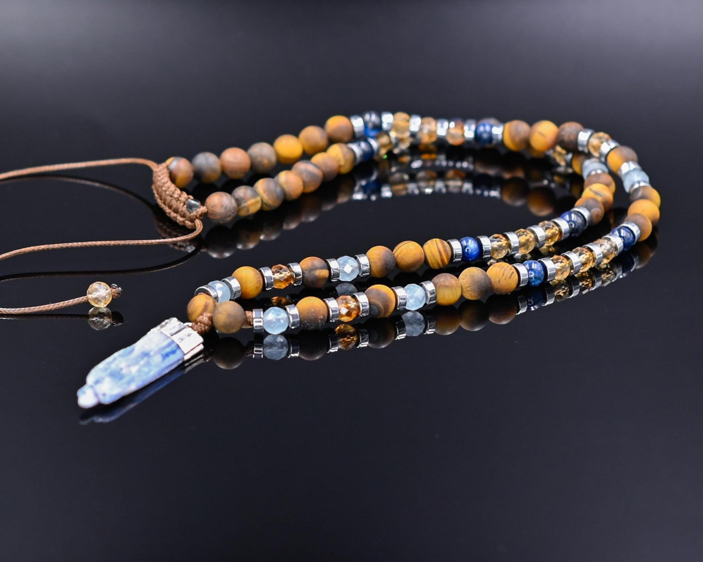 Men's Protection Tiger's Eye Necklace, Aquamarine Citrine Kyanite Gemstone Adjustable Necklace, Long Pendant Necklace, Gift for Men- Shamballa Necklace - Birthstone Necklace - Gemstone Necklace Men - Chakra Necklace - Yoga Necklace - Mantra Necklace -Macrame Necklace - Healing Necklace - Gift for Father - Gift For Men - Valinde