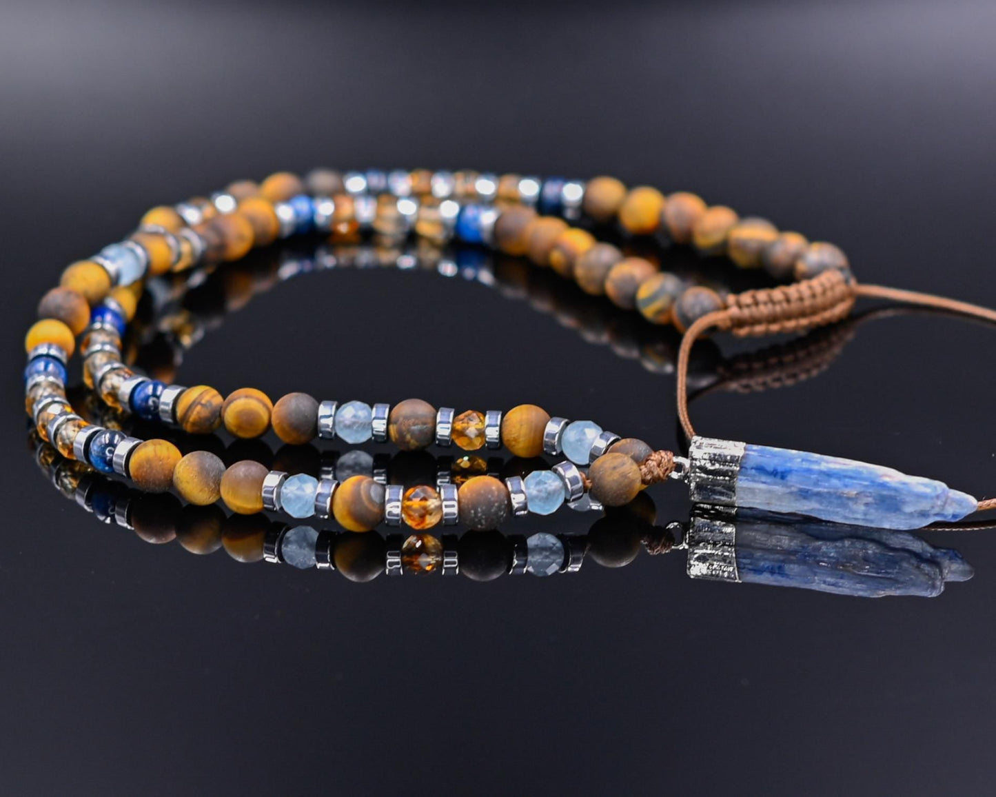 Men's Protection Tiger's Eye Necklace, Aquamarine Citrine Kyanite Gemstone Adjustable Necklace, Long Pendant Necklace, Gift for Men- Shamballa Necklace - Birthstone Necklace - Gemstone Necklace Men - Chakra Necklace - Yoga Necklace - Mantra Necklace -Macrame Necklace - Healing Necklace - Gift for Father - Gift For Men - Valinde