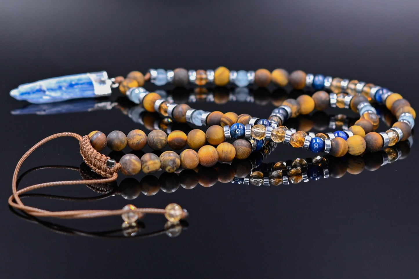 Men's Protection Tiger's Eye Necklace, Aquamarine Citrine Kyanite Gemstone Adjustable Necklace, Long Pendant Necklace, Gift for Men- Shamballa Necklace - Birthstone Necklace - Gemstone Necklace Men - Chakra Necklace - Yoga Necklace - Mantra Necklace -Macrame Necklace - Healing Necklace - Gift for Father - Gift For Men - Valinde